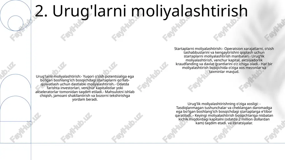 muhtoj bo'lgan kompaniyalar tomonidan jalb qilinadi startaplarni moliyalashtirishstartupni moliyalashtirish kompaniya faoliyatini, o'sishi va rivojlanishini qo'llab-quvvatlash uchun mablag'larni ta'minlashni o'z ichiga oladi. u turli shakllarda bo'lishi mumkin, jumladan, o'z mablag'larini moliyalashtirish (kompaniya aktsiyalarini sotish), qarzni moliyalashtirish (qarz olish) va konvertatsiya qilinadigan qarz (ularni o'z kapitaliga aylantirish mumkin) ularning o'ziga xosligiseries c moliyalashtirish avvalgi moliyalashtirish bosqichlaridan bir necha jihatdan farq qiladi. birinchidan, u odatda o'n millionlab dan yuzlab million dollargacha bo'lgan kattaroq investitsiyalarni o'z ichiga oladi 5. c seriyali moliyalashtirish d/e/f moliyalashtirishd/e/f moliyalashtirish startaplarni moliyalashtirish bosqichlarini nazarda tutadi:- d: rivojlanishni moliyalashtirish- e: kengaytirishni moliyalashtirish- f: keyingi moliyalashtirish startaplarni moliyalashtirishstartaplar turli moliyalashtirish manbalariga tayanadi:- anxel investorlar: dastlabki kapitalni ta'minlovchi boshlang'ich investorlar- venchur kapitalistlari: yuqori o'suvchi kompaniyalarga sarmoya kiritadigan mablag'lar- urug'lik moliyalashtirish: mahsulot yoki xizmatni rivojlantirish uchun dastlabki bosqichda moliyalashtirish- olomon moliyalashtirish: mablag'larni jalb qilish ko'p sonli shaxslardan o'ziga xosligid/e/f moliyalashtirish bosqichlari startaplarga xosdir:- d moliyalash: mahsulotni ishlab chiqish va mijozlarni jalb qilishni qo'llab-quvvatlaydi …
