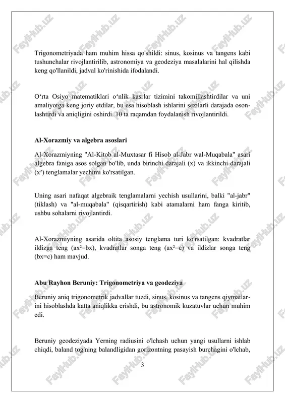 ya masalalari yoritilgan. uning asosiy ishi sinuslar qonunini umumlashtirib, tekislik va sferik uchburchaklar uchun ham qo'llaniladigan universal formulani yaratdi, bu esa aniqlikni oshirdi. tusiy, shuningdek, trigonometrik funksiyalarni jadval ko'rinishida aniq hisoblash usullarini ishlab chiqdi, 60 soniya aniqlikda sinus va tangens qiymatlarini aniqladi. al-koshiy: oʻnlik kasrlar va π sonini hisoblash al-koshiy π sonining qiymatini aniqlashda oʻz davrining eng yaxshi natijasiga erishdi, u π ni toʻqqizta oʻnlik kasr belgisigacha toʻgʻri hisoblab chiqdi. al-koshiy oʻnlik kasrlarni arifmetik amallarda (qoʻshish, ayirish, koʻpaytirish va boʻlish) ishlatishning qulay usullarini ishlab chiqdi, bu esa hisoblash jarayonini sezilarli darajada soddalashtirdi. al-koshiyning oʻnlik kasrlar boʻyicha ishlari yevropa matematiklariga katta taʼsir koʻrsatdi va ularning oʻnlik kasrlar tizimini rivojlantirishga yordam berdi, bu esa fan va texnikaning rivojlanishiga hissa qoʻshdi. islom geometriyasi va naqshlar islom geometriyasi naqshlari ko'pincha takrorlanuvchi geometrik shakllardan, masalan, ko'pburchaklar va yulduzlar, murakkab mozaikalar yaratish uchun foydalanadi, bu esa 5-dan 16-gacha nuqtalarga ega bo'lishi mumkin. islom geometriyasi me'morchiligida muhim …