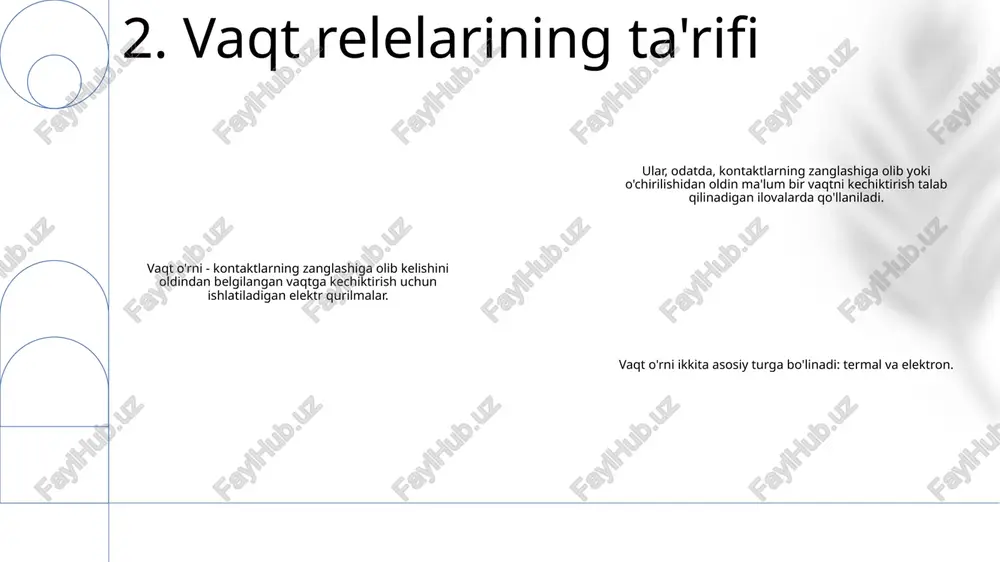 laridan himoya qiladi 6. vaqt relelarining qo'llanilishi issiqlik o'rni ta'rifi: oqimni o'lchash va chegaradan oshib ketganda uni to'xtatish orqali dvigatellarni haddan tashqari qizib ketishdan himoya qiluvchi qurilmalar. vaqt va issiqlik relelari (vaqt va ortiqcha yuk relelari): agar oqim belgilangan darajadan oshib ketgan bo'lsa, oldindan belgilangan vaqt kechikishidan keyin kontaktlarning zanglashiga olib kirish uchun bimetalik chiziqdan foydalanadigan termal ortiqcha yuk o'rni. issiqlik relelari (issiqlik relelari): dvigatel sargisi harorati kritik darajaga yetganda, shikastlanishning oldini olish uchun kontaktlarning zanglashiga olib keladigan himoya qurilmalari. 7. issiqlik o'rni ta'rifi bimetalik issiqlik rölesi: issiqlik ta'sirida ikkita o'xshash bo'lmagan metallarning differentsial kengayishi printsipi asosida ishlaydi. elektron issiqlik o'rni: dvigateldan o'tadigan oqimni kuzatib boradi va u oldindan belgilangan qiymatdan oshib ketganda kontaktlarning zanglashiga olib, ortiqcha yuklanish va fazalarning buzilishidan himoya qiladi. qattiq holatdagi issiqlik rölesi: dvigatelga oqim oqimini nazorat qilish uchun yarimo'tkazgichli qurilmalardan foydalanadi, bu ortiqcha yuklardan va boshqa nosozliklardan aniq himoya qiladi. 8. issiqlik o'rni turlari termal …