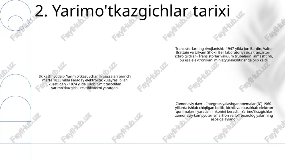 r aralashmalari qo'shimcha elektronlar qo'shadigan n-tipga va qabul qiluvchi aralashmalar teshiklarni hosil qiladigan p-tipiga bo'linishi mumkin. tashqi yarimo'tkazgichlarning qo'llanilishi: tashqi yarimo'tkazgichlar boshqariladigan o'tkazuvchanlik va zaryad tashuvchisi kontsentratsiyasi tufayli turli xil elektron qurilmalar, jumladan diodlar, tranzistorlar, quyosh batareyalari va integral mikrosxemalar uchun muhim komponentlardir. 6. tashqi yarimo'tkazgichlar yarimo'tkazgichning tarmoqli oralig'i: yarimo'tkazgichning tarmoqli oralig'i valentlik zonasi va o'tkazuvchanlik zonasi o'rtasidagi energiya farqidir. u yarimo'tkazgich tomonidan so'rilishi mumkin bo'lgan yorug'likning to'lqin uzunligini aniqlaydi, bu uni led va quyosh batareyalari kabi optoelektronik qurilmalarda asosiy parametrga aylantiradi. yarim oʻtkazgichli materiallar:yarim oʻtkazgichli materiallar — oʻtkazgichlar va izolyatorlar orasiga tushadigan, oraliq elektr oʻtkazuvchanlikka ega boʻlgan materiallar. ular harorat va aralashmalar mavjudligiga qarab izolyator yoki o'tkazgich bo'lish imkonini beruvchi tarmoqli oralig'iga ega yarimo'tkazgich ilovalari: yarimo'tkazgichlar tranzistorlar, diodlar, integral mikrosxemalar va quyosh batareyalarini o'z ichiga olgan keng doiradagi elektron qurilmalarda qo'llaniladi. ularning elektronlar oqimini boshqarish qobiliyati ularni zamonaviy hisoblash, aloqa va quvvat elektroniği texnologiyalari uchun zarur qiladi. 7. yarimo'tkazgichning …