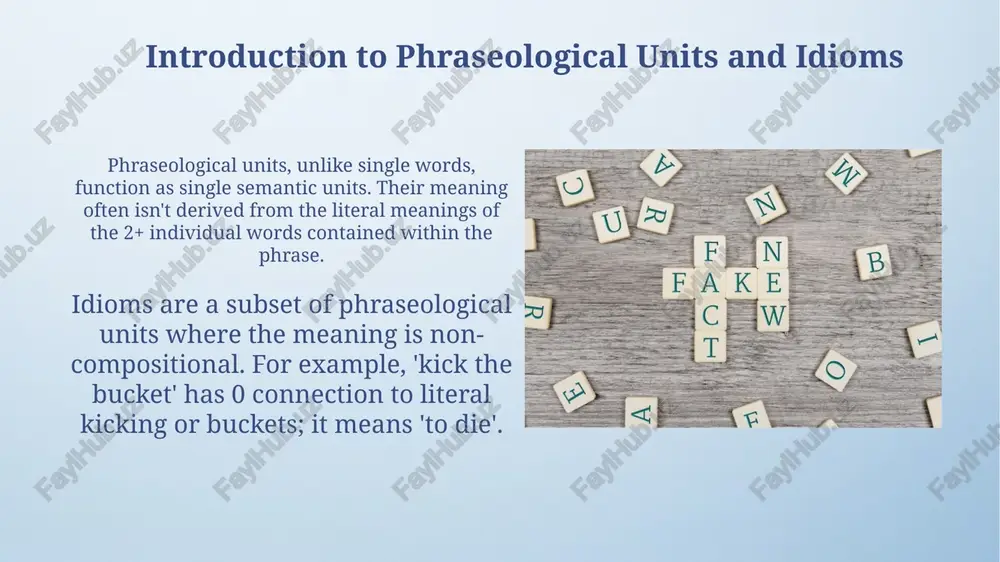und 15% of people might understand its meaning without context. phraseological units across languages: translation challenges literal translations often fail because the combined meaning of the component words (e.g., 'kick the bucket') differs drastically from the phrase's actual meaning. this presents a significant problem during cross-linguistic transfer. languages showcase varying degrees of phraseological congruence; idiom a in language 1 may find a near-equivalent in language 2, or several partial equivalents, making choice and contextual awareness paramount for translators. idioms and figurative language: metaphor, metonymy, and more metonymy, a type of figurative language, uses one thing to represent something closely associated, like "the crown" to mean the monarchy; it is distinct from metaphor's indirect 2-part comparison. idioms often exploit metaphorical and metonymic processes, where abstract meanings arise from concrete images. for example, "hit the books" uses 'hit' and 'books' for studying hard, conveying a vivid, related action. phraseological units in literature …