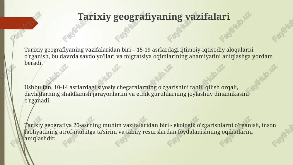 sanoatning tarixiy geografiyasi 19-asrda shakllangan bo'lib, sanoat korxonalarining hududiy joylashuvi va rivojlanish bosqichlarini o'rganadi. ushbu soha, ayniqsa, 20-asrda urbanizatsiya va sanoatlashuv jarayonlari bilan bog'liq holda, demografik o'zgarishlarga katta e'tibor qaratdi. sanoatning tarixiy geografiyasi, shuningdek, resurs bazasining o'zgarishi va texnologik yangiliklarning sanoat hududlariga ta'sirini tahlil qiladi. qishloq xo'jaligining tarixiy geografiyasi sug'orish inshootlarining tarixiy tarqalishi, miloddan avvalgi 4-mingyillikda mesopotamiyada paydo bo'lgan irrigatsiya usullarining osiyo va afrikaga tarqalishini tahlil qiladi. qishloq xo'jaligining tarixiy geografiyasi, dehqonchilik tizimlarining evolyutsiyasini, masalan, o'tloqi-dala tizimidan ko'p dalali tizimgacha bo'lgan davrlarni o'rganadi. chorvachilikning rivojlanish bosqichlari, ko'chmanchi chorvachilikdan yaylov chorvachiligiga va keyinchalik qishloq xo'jaligi bilan integratsiyalashgan intensiv chorvachilikka o'tish jarayonlarini ko'rib chiqadi. transportning tarixiy geografiyasi transport tarixiy geografiyasi xviii-xix asrlarda temir yo'llarning paydo bo'lishi bilan savdo-sotiq va aholi migratsiyasini sezilarli darajada o'zgartirganini o'rganadi. qadimgi ipak yo'li transport tarixiy geografiyasi uchun muhim ahamiyatga ega bo'lib, u miloddan avvalgi ii asrdan xiv asrgacha madaniy va tovar almashinuvini ta'minlagan. dengiz transportining rivojlanishi, xususan, …