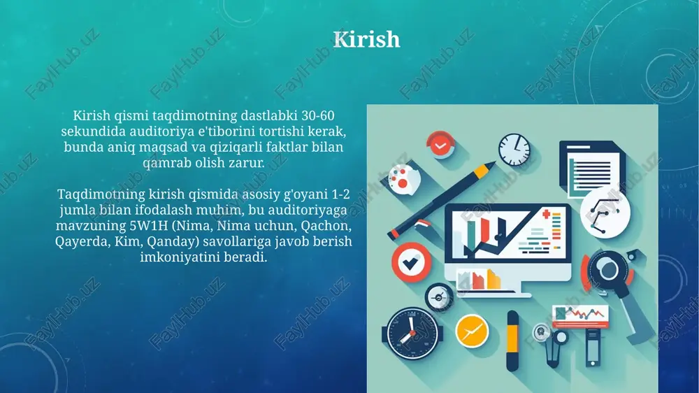 3d animatsiyalardan foydalanish imkonini beradi. google slides va microsoft powerpoint kabi platformalar real vaqtda hamkorlik qilish imkoniyatini beradi, 10+ foydalanuvchi bir vaqtning o'zida taqdimot ustida ishlashi mumkin. masofaviy taqdimot uchun maslahatlar 1-qoida: aloqa va o‘zaro munosabatlarni saqlang. savol-javoblar sessiyasi uchun interaktiv pollar, so‘rovlar va chatlardan foydalanib, 70% tinglovchilarni jalb qiling. 2-qoida: vizual yordamchilardan foydalanishni optimallashtiring. grafika, videolar va animatsiyalarning 3 ta asosiy turini slaydlar sonining 50% da ishlating va 20 soniyadan oshiq bo‘lmagan qisqa videolar tayyorlang. xulosa xulosa bo'limida taqdimotning asosiy topilmalari va xulosalarini qisqacha, aniq va ta'sirli tarzda taqdim etish lozim. o'quvchilar 3 daqiqada asosiy fikrlarni tushunishlari kerak. xulosa taqdimotning 80% ma'lumotini 20% hajmda jamlaydi, tadqiqot yoki loyihaning eng muhim natijalarini ta'kidlaydi va kelajakdagi tadqiqotlar uchun yo'nalish beradi. e'tiboringiz uchun rahmat image4.png image3.png image5.jpg image6.jpg image7.jpg image8.jpg image9.jpg image10.jpg image11.jpg image12.jpg image13.jpg image14.jpg image15.jpg image16.jpg