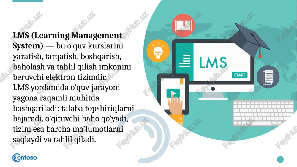le — oliy ta’lim muassasalarida keng tarqalgan; edu.uz, ziyonet.uz kabi milliy platformalar; ispring learn va google classroom — maktablar va o‘quv markazlarida. 14 lms tizimlarining kelajakdagi istiqbollari yaqin yillarda lms tizimlari sun’iy intellekt, virtual reallik (vr), adaptiv o‘qitish algoritmlari bilan boyitilishi kutilmoqda. ta’lim jarayonining avtomatlashtirilishi, shaxsga yo‘naltirilgan o‘qitish va uzluksiz monitoring — zamonaviy lms’larning asosiy yo‘nalishlaridir. 15 xulosa lms — bu zamonaviy ta’limning yuragi. u o‘quv jarayonini samarali, shaffof va raqamli shaklda boshqarish imkonini beradi.to‘g‘ri tanlangan lms tizimi nafaqat ta’lim sifatini oshiradi, balki o‘qituvchi va talabaning hamkorlik madaniyatini ham rivojlantiradi. kelajakda har bir ta’lim muassasasi uchun lms’ni joriy etish zarur bo‘ladi. image3.png image1.png image10.png image11.png image2.png image12.png image13.jpeg image14.jpeg image15.jpeg image16.png image17.jpeg image18.png