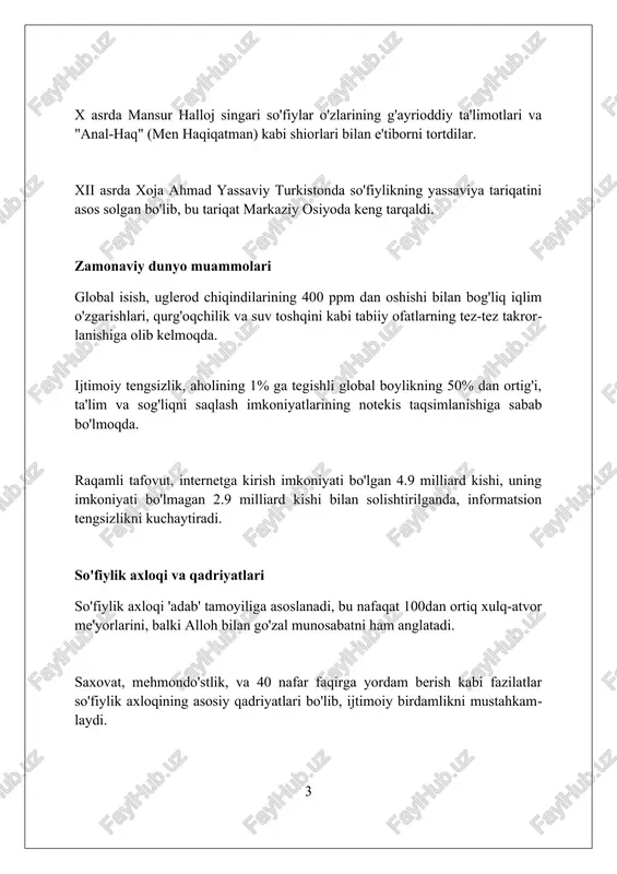 tilgan. so'fiylik va ekologiya so'fiylik ta'limotida tabiat allohning zohir bo'lishi sifatida qabul qilinadi, shuning uchun atrof-muhitga hurmat ko'rsatish insonning ma'naviy burchi hisoblanadi, ekologik muvozanatni saqlash muhim. ko'plab so'fiy tariqatlarida daraxt ekish, suvni toza saqlash kabi amaliyotlar keng tarqalgan bo'lib, bu orqali tabiatga bo'lgan muhabbat va g'amxo'rlik 7/24 namoyon etiladi, ekologiya targ'iboti olib boriladi. so'fiylikda 'vahdat al-vujud' (mavjudlik birligi) tushunchasi barcha narsalar o'rtasida bog'liqlikni anglatadi, demak, tabiatga zarar yetkazish o'z-o'ziga zarar yetkazish bilan teng, bu 365 kun ekologiyaga daxldor. so'fiylik va ta'lim so‘fiylik ta’limoti insonning nafsini tarbiyalashga qaratilgan bo'lib, bu orqali jamiyatda axloqiy va ma'naviy yuksalishga erishish, 1-bosqichdan o'tish mumkin. so‘fiylik ta’lim uslublari 7 bosqichdan iborat bo’lib, zikr, musiqa va raqs kabi vositalar orqali muridning ruhiy olamini boyitishga, 3 asosiy yo'nalishga yo'naltirilgan. xii asrda ahmad yassaviy asos solgan yassaviylik tariqati, markaziy osiyoda so‘fiylik ta’limining keng tarqalishiga katta hissa qo'shgan, bu 9 ta'limot usulini o'z ichiga oladi. so'fiylik va san'at so'fiylik san'ati …