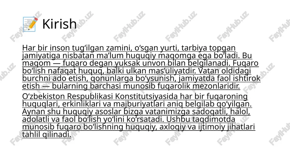 rovon bo‘ladi. foydalanilgan adabiyotlar 1. o‘zbekiston respublikasi konstitutsiyasi 2. “fuqaro huquqlari” mavzusidagi o‘quv qo‘llanmalar (huquq fani bo‘yicha) 3. o‘zbekiston respublikasi fuqarolik kodeksi 4. lex.uz – o‘zbekiston qonunchilik ma’lumotlari portali 5. huquqiy axborot portali – www.huquqiyportal.uz 6. “yoshlar va fuqarolik tarbiyasi” mavzusidagi ilmiy maqolalar 7. maktab va oliy ta’lim darsliklari (huquq, tarbiya, vatanparvarlik) 8. mahalla va jamiyat hayoti haqida statistik va tahliliy manbalar etiboringiz uchun rahmat! image1.jpeg image2.jpeg image3.jpeg image4.jpeg /docprops/thumbnail.jpeg