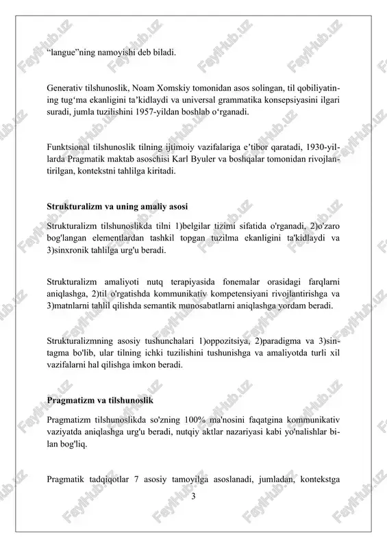 asr o'rtalarida boshlangan, gender va ijtimoiy sinfning tilga ta'sirini tahlil qiladi, 3 ta asosiy nazariyadan foydalanib. til siyosati sotsiolingvistikaning muhim amaliy yo'nalishi bo'lib, milliy tillarni qo'llab-quvvatlash va 70 dan ortiq millat vakillarining tillarini himoya qilishga qaratilgan. psixolingvistika va til o'rganish psixolingvistika til o'rganishda nutqni idrok etishning kognitiv jarayonlariga, masalan, so'zlarni 200-300 millisekund ichida tanib olishga e'tibor qaratadi. til o'rganishda psixolingvistik tadqiqotlar l1 va l2 o'rganuvchilarning grammatik qoidalarni qanday o'zlashtirishini, xatolarni tahlil qilish orqali aniqlaydi. psixolingvistikaning amaliy ahamiyati til o'qitish metodikalarini takomillashtirishda namoyon bo'ladi, xususan, 7±2 qismli qisqa muddatli xotiradan unumli foydalanishda. diskurs tahlili va amaliy ahamiyati diskurs tahlili, 1960-yillarda paydo bo'lgan bo'lib, matnlarning tuzilishi va ijtimoiy kontekstini tahlil qiladi, masalan, siyosiy nutqlarda 2 xil ma'no qatlamini aniqlash. amaliy ahamiyati, misol uchun, reklama matnlarida iste'molchiga ta'sir etish usullarini aniqlashga yordam beradi, bunda 3 asosiy lingvistik vosita (metafora, giperbola, ironiya) qo'llaniladi. diskurs tahlili, ta'lim sohasida talabalarning 4 asosiy ko'nikmasi (tinglash, gapirish, o'qish, …