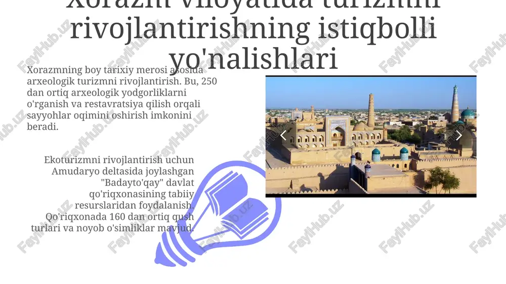 ar va interaktiv onlayn ko'rgazmalar orqali targ'ib qilish, savdoni 25% ga oshirish mumkin. targetli reklama kampaniyalari uchun demografik ma'lumotlar va sayohat tendentsiyalarini tahlil qilish, 15% konversiya ko'rsatkichiga erishish maqsadida, ijtimoiy tarmoqlarda 20 soniyali video roliklar ishlab chiqish zarur. investitsiyalarni jalb qilish xorazmning turizm salohiyatini oshirish uchun 10 million aqsh dollari miqdoridagi investitsiyalar infratuzilmani modernizatsiya qilish va yangi mehmonxonalar qurish uchun ajratilishi mumkin. maxsus iqtisodiy zonalar (siz) yaratish, xorijiy investorlarga soliq imtiyozlari va soddalashtirilgan tartib-qoidalar orqali 15% daromad solig'ini kamaytirish orqali investitsiyalarni rag'batlantiradi. xalqaro hamkorlikni kengaytirish 01 02 xorazmning turizm salohiyatini rivojlantirish uchun yevropa tiklanish va taraqqiyot banki (ebrd) bilan 10 million aqsh dollari miqdorida investitsiya jalb etish rejalashtirilgan. sales 1st qtr 2nd qtr 100 0 sales 1st qtr 2nd qtr 100 0 e'tiboringiz uchun rahmat image4.jpg image5.jpg image6.jpg image7.jpg image8.jpg image9.jpg image10.jpg image11.jpg image12.jpg image13.jpg image1.jpeg image2.jpeg image3.jpeg