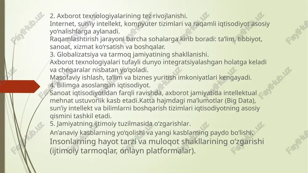 r, elektron darsliklar va interaktiv platformalar orqali har kim istalgan joydan bilim olishi mumkin. sun’iy intellekt asosida ishlovchi tizimlar ta’lim jarayonini yanada samarali qilmoqda. 3. iqtisodiyot va biznes elektron tijorat rivojlanishi orqali xarid qilish va biznes yuritish jarayonlari soddalashdi. blokcheyn texnologiyalari esa moliyaviy operatsiyalar xavfsizligini ta’minlashda muhim rol o‘ynamoqda. 4. innovatsiyalar va yangi texnologiyalar sun’iy intellekt, iot (internet of things), katta ma’lumotlar (big data) kabi texnologiyalar turli sohalarda samaradorlikni oshirishga xizmat qilmoqda. 5. davlat xizmatlari va elektron hukumat elektron hukumat tizimlari insonlarga turli davlat xizmatlaridan onlayn foydalanish imkonini beradi, bu esa vaqtni tejaydi va byurokratiyani kamaytiradi. 6. ijtimoiy hayot va madaniyat internet madaniyatlararo muloqot va ijodiy faoliyatni rivojlantirishga yordam beradi. odamlar raqamli san’at, musiqa va filmlar orqali o‘zaro tajriba almashadilar. . 7 kompyuter texnologiyalarining rivojlanishi kompyuter texnologiyalarining rivojlanishi insoniyat tarixidagi eng muhim innovatsiyalardan biri hisoblanadi. ushbu jarayon uzoq yillik izlanishlar, yangiliklar va texnologik yutuqlar bilan bog‘liq bo‘lib, jamiyatning barcha sohalariga …