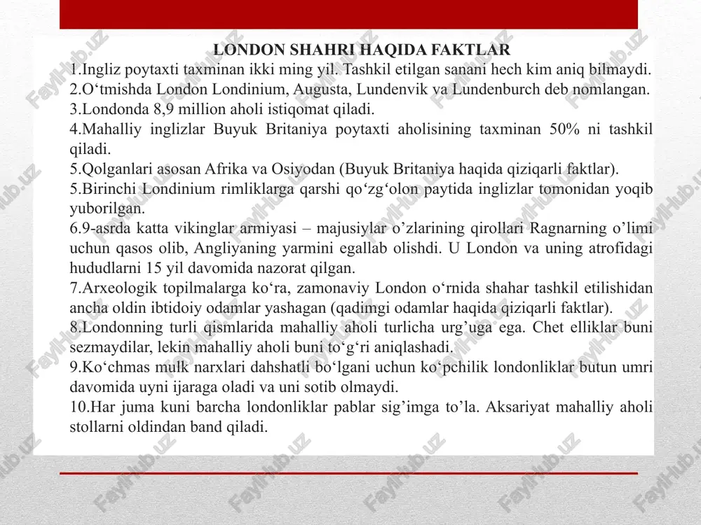 shgan, 8,7% esa roʻyxatga olish savoliga javob bermagan[12]. avliyo pavel cherkovi madaniyati london mamlakatning muhim madaniy markazi. bu yerda london universiteti, siti universiteti, politexnika institutlari, qirollik drama sanʼati akademiyasi, qirollik musiqa akademiyasi, london qirollik jamiyati, shuningdek, koʻpgina ilmiy jamiyatlar va muassasalar bor. universitetlar qoshida yirik kutubxonalar mavjud. 30 dan ortiq muzey, jumladan, britaniya muzeyi (1753), tabiat muzeyi, ilmiy muzey, geologiya muzeyi, l. muzeyi, milliy galereya va boshqa, yirik konsert zallari, teatrlar ishlab turibdi. london yagona markazdan emas, balki mustaqil shaharchalar va aholi punktlarining sekin-asta qoʻshilib ketishidan tashkil topganligi bilan boshqa yirik shaharlardan farq qiladi. tarixiy markazlari — vestminster (siyosiy idoralar, vestminster abbatligi, bakingem va sent-jeyms saroylari, yangi vestminster sobori va boshqa joylashgan) va siti (bank, birja, yirik monopoliya idoralari oʻrnashgan). image2.jpeg image3.png image4.png image5.jpeg image6.png image7.png image8.png /docprops/thumbnail.jpeg