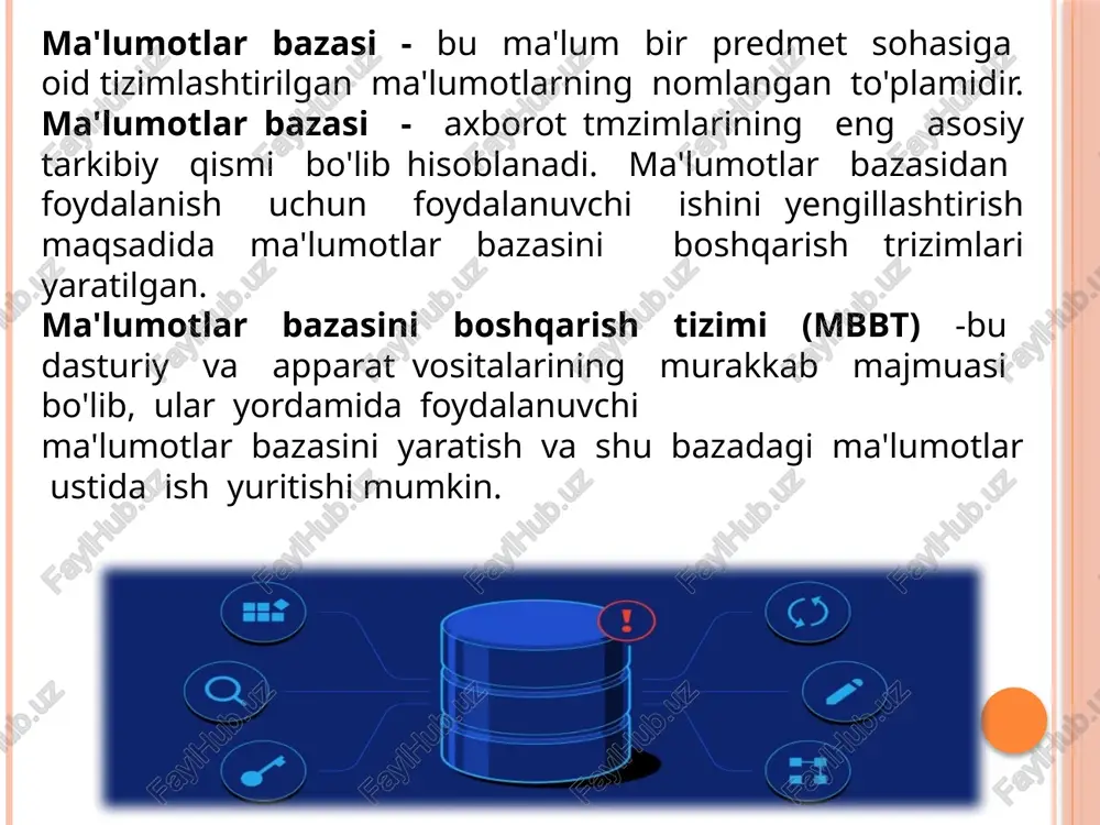 ma'lumotlarni ko'rsatish mumkin. ma'lumotlar bazasidan foydalanuvchilar turli amaliy dasturlar, dasturiy vositalari, predmet sohasidagi mutaxassislar bo'lishi mumkin. ma'lumotlar bazasining zamonaviy texnologiyasida ma'lumotlar bazasini yaratish, uni dolzarb holatda yuritishni va foydalanuvchilarga undan axborot olishini ta'minlovchi maxsus dasturiy vosita, ya'ni ma'lumotlar bazasini boshqarish tizimi yordami bilan markazlashtirilgan holda amalga oshirishni nazarda tutadi. ma'lumot - bu uni ma'nosiga e'tibor bermay qaraladigan ixtiyoriy simvollar to'plamidir. o'zaro bog'langan ma'lumotlar ma'lumotlar tizimi deyiladi. ma'lumotlar bazasi - bu ma'lum bir predmet sohasiga oid tizimlashtirilgan ma'lumotlarning nomlangan to'plami bo'lib, kompyuter xotirasiga yozilgan ma'lum bir strukturaga ega, o'zaro bog'langan va tartiblangan ma'lumotlar majmuasi bo'lib, u biror bir ob'ektning xususiyatini, holatini yoki ob'ektlar o'rtasidagi munosabatni ma'lum ma'noda ifodalaydi. mb foydalanuvchiga strukturalashtirilgan ma'lumotlarni saqlash va ishlatishda optimal qulaylikni yaratib beradi. ma'lumki ma'lumotlarni kiritish va ularni qayta ishlash jarayoni katta hajmdagi ish bo'lib ko'p mehnat va vaqt talab qiladi. mb bilan ishlashda undagi ma'lumotlarning aniq bir strukturaga ega bo'lishi, birinchidan foydalanuvchiga ma'lumotlarni kiritish …