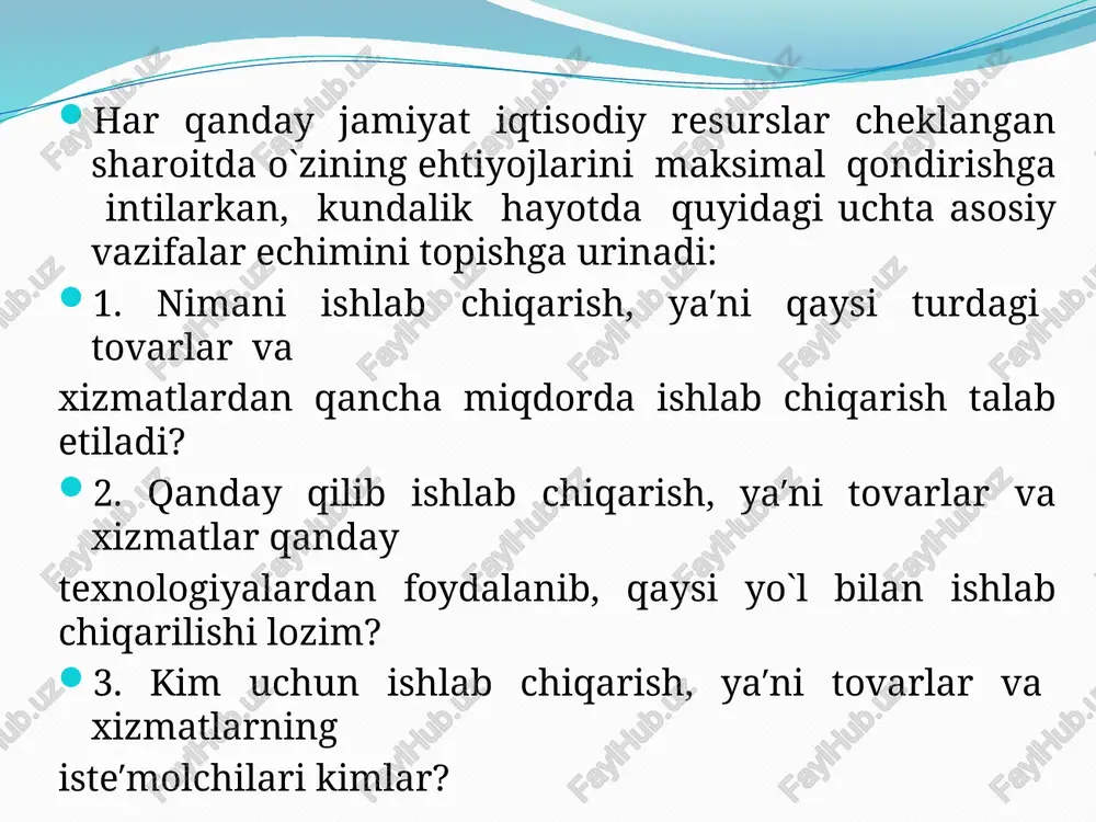 qtisodiyotni bir butun tizim sifatida, yoki uning tarkibiga kiruvchi yirik bo`linmalari, davlat, uy xo`jaligi va xususiy sektor darajasida o`rganishni nazarda tutadi. shuning uchun ham makroiqtisodiy tadqiqotlar yalpi ichki mahsulot, ishsizlik va bandlik, inflyatsiya va narxlarning umumiy darajasi, iqtisodiy o`sish, xalqaro savdo va to`lov balansi kabi umumiy masalalarni qamrab oladi. mikroiqtisodiy tahlil aniq iqtisodiy sub′ektlar faoliyati bilan bog`liq va ularning bozordagi hatti-harakatini o`rganadi. bu yerda iqtisodiyotning alohida tarmoqlari, bozorlar, firmalar va iste′molchilar xususida fikr yuritiladi. tahlil ob′ekti sifatida aniq bir mahsulotni ishlab chiqarish hajmi va narxi, ishlab chiqarish xarajatlari va mahsulot tannarxi, firma daromadi va foydasi, iste′molchilarning bozordagi hatti-harakati va tanlovi, turli bozorlarda narxlarning shakllanishi va foydani maksimallashtirish shartlari kabi masalalar yuzaga chiqadi. odatda mikroiqtisodiy tahlilda quyidagi savollarga javob topishga harakat qilinadi: mahsulot narxining o`zgarishi talab va taklifga qanday ta′sir ko`rsatadi? minimal ish haqi yoki resurslar narxining oshishi mahsulot tannarxiga qanday ta′sir ko`rsatadi? firma foydasini maksimallashtirish shartlari nimalardan iborat? ―mikroiqtisodiyot‖ resurslar …