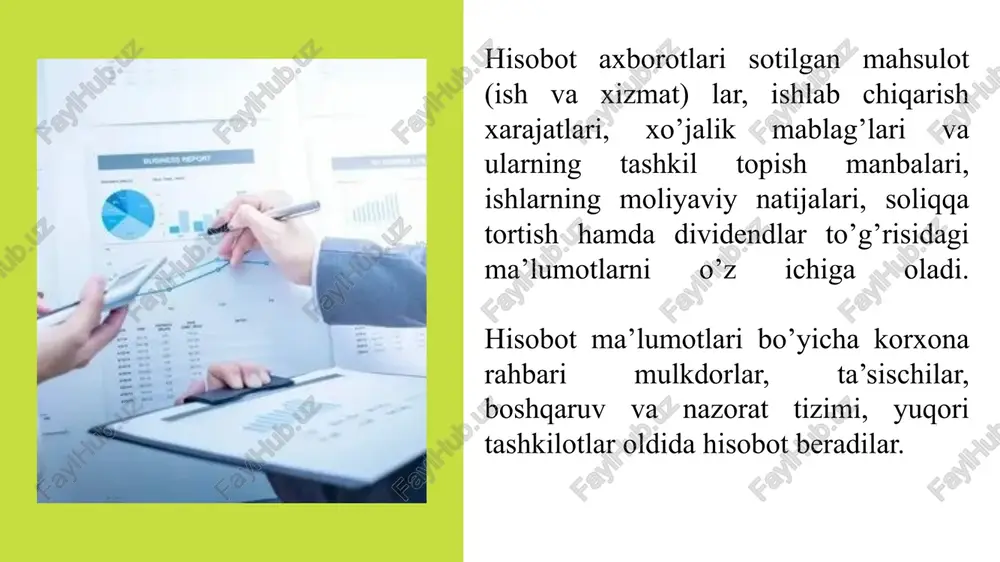 itik hujjatlaridan biri hisoblanadi. bunda asosiy ko’rsatkichlar bo’yicha reja bajarilishiga ta’sir etuvchi quyidagi omillar ochib tashlanadi: mahsulot miqdori, assortimenti, sifati, mahsulot sotish hajmi, foyda summasi, tannarxni pasaytirish, mehnat unumdorligini oshirish, samaradorlik, ilmiy - konstruktorlik ishlarini natijalari va istiqbollari va shu kabilar. moliyaviy hisobotdan ichki va tashqi foydalanuvchilar uchun korxonaning asosiy vositalari tarkibi, ularning ish holati va umumiy qiymati muhim ahamiyatga ega. bu ma’lumotlar korxonalarning moliyaviy hisobot tarkibida tuziladigan «asosiy vositalar harakati to’g’risidagi hisobot» da aks ettiriladi. asosiy vositalar harakati to’g’risidagi hisobot asosiy vositalar va ularning eskirishi belgilangan tasnif asosida quyidagi ko’rsatkichlar bo’yicha aks ettiriladi: yil boshiga qoldig’i; hisobot davrida asosiy vositalarning kirimi; hisobot davrida hisobdan chiqarilgani; yil oxiriga qoldig’i. hisobotning 3 va 6- ustunlarida yil boshi va oxiriga korxona balansida hisobga olingan barcha asosiy vositalarning qiymati aks ettiriladi. 4-ustunda hisobot davrida, qo’shimcha baholash qiymati ham qo’shilgan holda quyidagi manbalardan korxona tasarrufiga o’tgan asosiy vositalar aks ettiriladi: pulga sotib olish yoki …