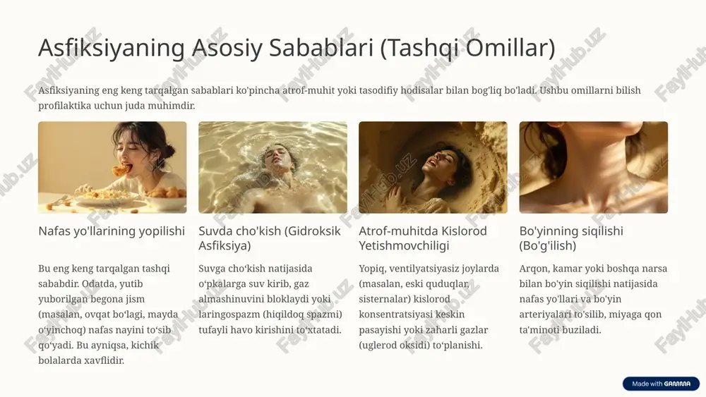 axikardiya), keyinroq esa, kislorod yetishmovchiligi kuchayganda, yurak ritmi sekinlashadi (bradikardiya) va oxir-oqibat yurak to'xtashi (asistoliya) sodir bo'lishi mumkin. qon bosimi pasayadi, bu esa to'qimalarning qon bilan ta'minlanishini yomonlashtiradi. o'pka va nafas yo'llari: o'pka qon tomirlarining spazmi (torayishi) kuzatiladi. agar asfiksiya suvda cho'kish natijasida bo'lsa, o'pka shishi rivojlanishi mumkin. qon kislorod bilan yetarli darajada to'yinmaydi, bu esa gipoksiyani yanada kuchaytiradi. buyraklar va jigar: uzoq muddatli kislorod yetishmovchiligi ushbu a'zolarda ham disfunksiyaga, jumladan, buyrak yetishmovchiligiga olib kelishi mumkin. 5 asfiksiya beligilari: tez tanib olish muhimligi asfiksiyani qanchalik tez aniqlasak, hayotni saqlab qolish imkoniyati shunchalik yuqori bo'ladi. belgilar nafas olish qiyinlashganda tez o'zgaradi. boshlang'ich bosqich (kompensatsiya) qisqa muddatli, lekin keskin nafas qisishi va nafas olishning tezlashishi kuzatiladi. teri rangi odatda qizaradi, puls tezlashadi, qon bosimi ko'tariladi. jabrlanuvchi vahima ichida bo'lishi mumkin. ikkinchi bosqich (sianoz va xuruj) kislorod yetishmovchiligi oshadi. teri va shilliq pardalar (lablar, barmoq uchlari) ko'karadi (sianoz). nafas olish harakatlari konvulsiv tus …