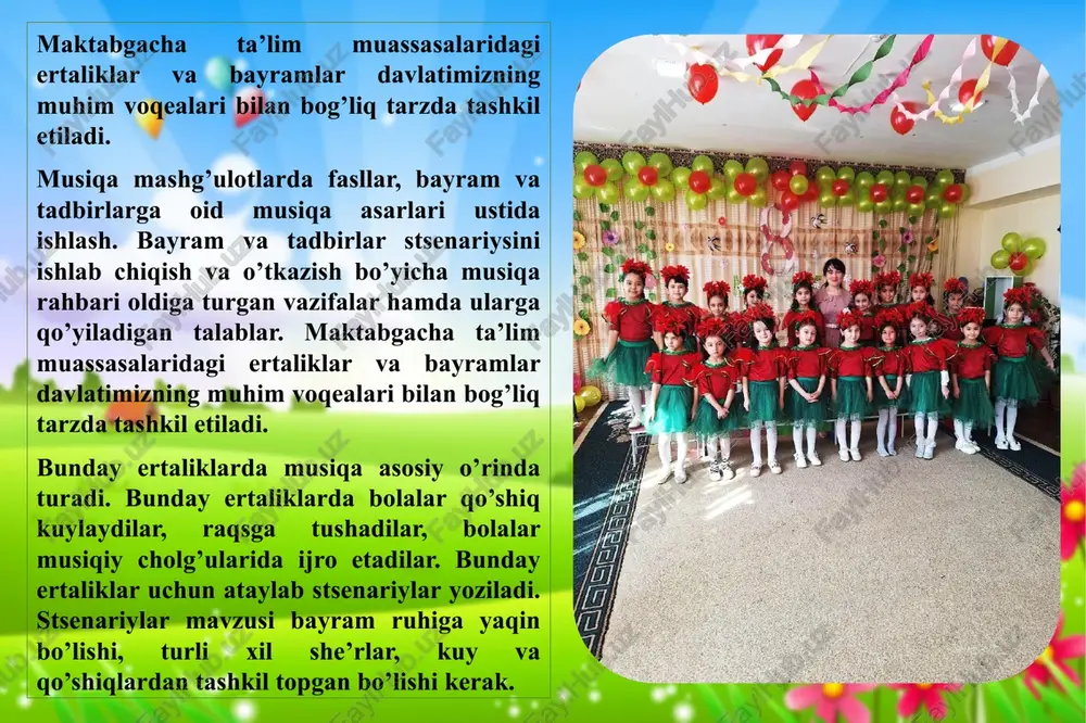 lari jarayonida bola hayotiy voqelikni musiqaviy obrazlar orqali idrok etib boradi. bayram ertaliklaridagi stsenariy musiqiy fon ostida namoyish etiladi. shuning uchun musiqa rahbari har bir hodisa va holatlar uchun mos bo’lgan musiqa namunalarini tanlashi o’ta muhim shartlardandir. bundan tashqari kecha o’tkaziladigan zallarni ham bayram kayfiyatiga mos jihozlash darkor. yuqoridagi shartlarni bajarilishi bayram ertaliklarini ko’tarinki ruhda o’tkazilishini ta’minlaydi. mavsumiy: hosil bayrami (mehrjon); archa bayrami; navro’z bayrami; gullar va qushlar bayrami. ushbu bayramlar xalq og’zaki ijodi namunalar asosida tashkil qilinadi. yilma yilbolalarning ushbu bayramlar, ularning har biri bilan bog’liq bo’lgan xalqimizning madaniy, milliy an’ana va urf-odatlari haqida olgan bilimlari kengayib boradi. har bir bayramda: *bayram mazmuniga mos o’yinlar tashkil qilinadi, she’r, qo’shiq va h.k. aytiladi; *bolalar va kattalar uchun ko’ngil ochish soatlari o’tkaziladi; *sir tutilgan daqiqalar, esdalik sovg’alari tashkil qilinadi; bola maktabgacha ta’lim muassasasiga qadam qo’ygan davridan boshlab, yilma-yil bir jadval asosida bayramlar tashkil qilib boriladi. bu katta maktabgacha yoshdagi bolalarga: *har …