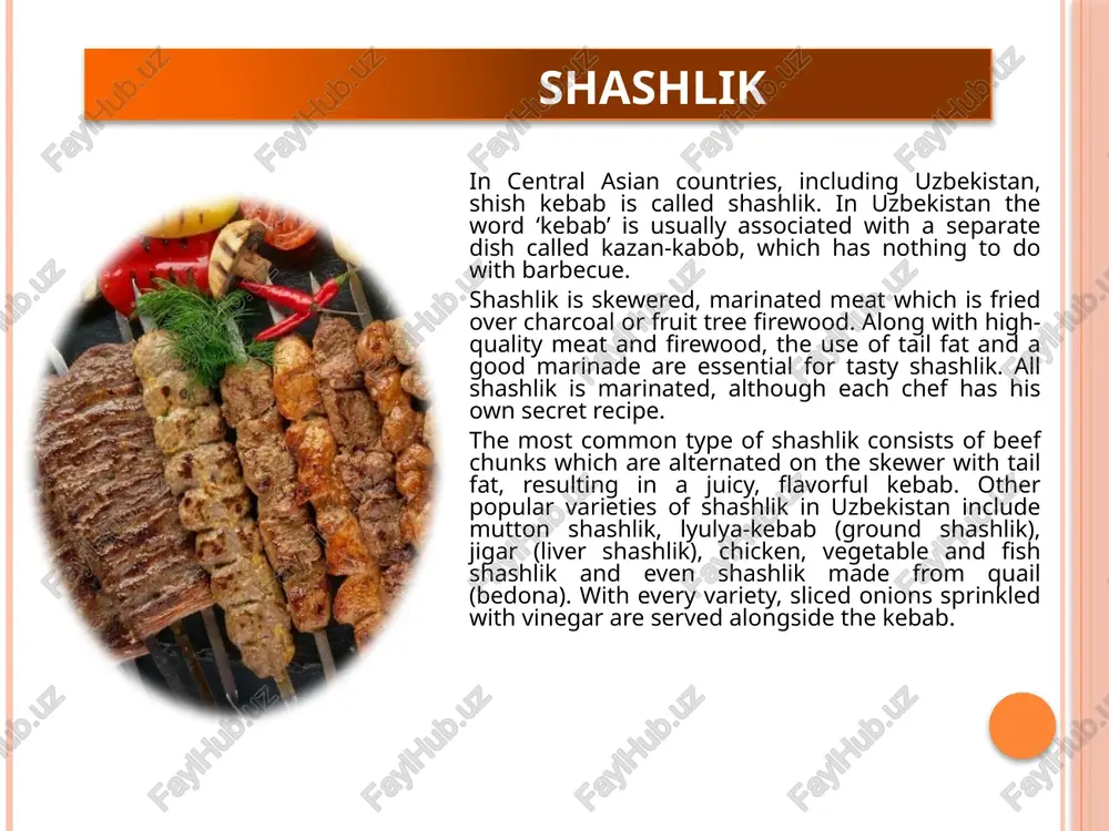 zbek samsas may be filled with minced meat and tail fat, potatoes, pumpkin, mushrooms, spinach, chicken or cheese. it is customary to cook samsas in a traditional clay oven called a tandoor. alternatively, they can be baked in a regular oven for about 40 minutes. they can be formed into different shapes and sizes; mini-samsas can be smaller than a child's hand, while large samsas can fill the palm of a grown man. tukhum barak tukhum barak, a unique dish, are dumplings stuffed with eggs which are primarily made in khorezm in western uzbekistan. to prepare this hearty dish, a dumpling dough made of flour, water, egg and salt is prepared. to make the filling, eggs are beaten with a fork and mixed with milk, butter and seasonings. after the dough has sat for 15-20 minutes, it is rolled out into a thin layer and cut into equal-sized pieces which …