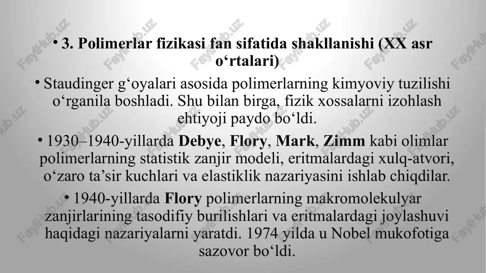engaydi. eksperimental metodlar: rentgen va neytron tarqalishi nmr spektroskopiyasi kompyuter simulyatsiyalari amaliy sohalar: tibbiyot (biopolimerlar, implantlar, dori tashuvchi tizimlar) elektronika (yarimo‘tkazgich polimerlar, oled, quyosh batareyalari) energetika (polimer elektrolitlar, yonilg‘i elementlari) kosmik texnologiyalar (engil va mustahkam materiallar) e`tiboringiz uchun rahmat image1.png image4.svg image2.png image6.svg image3.png image8.svg image4.png image10.svg image5.png image12.svg image6.png image14.svg image7.png image16.svg /docprops/thumbnail.jpeg
