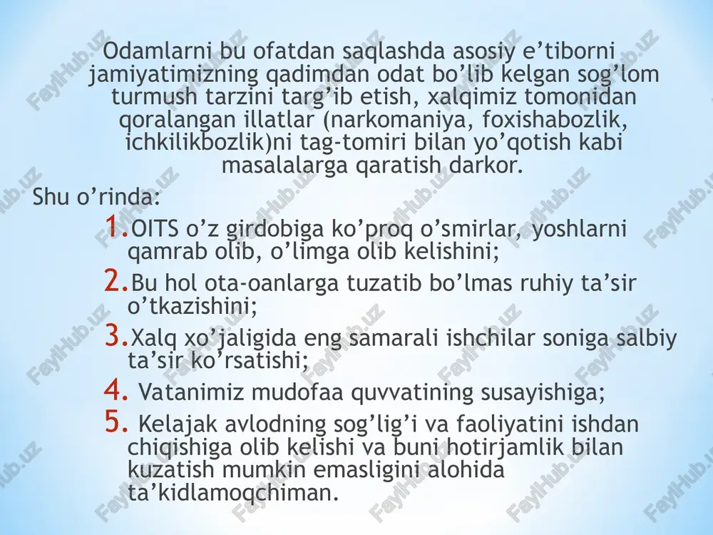 anqisligi kasalligiga qarshi kurashish borasida bir qator ishlar amalga oshirilyapti. buning mazmun-mohiyati orttirilgan immuntanqisligi virusi infeksiyasiga qarshi kurashning yagona tizimini tashkil qilish, kasallikning oldini olish, aholini xastalikdan muhofaza qilish borasida olib borilayotgan chora-tadbirlar samaradorligini yanada oshirishdan iborat. o`zbekistonda oiv infektsiyasiga chalinganlar soni u qadar ko`p bo`lishiga qaramasdan, bu ko`rsatkish tez o`sish tendentsiyasiga ega. oiv infektsiyasi yuqishi holatlarining aksariyat qismi tomirga yuborish orqali narkotik qabul qiluvshilarga to`g`ri kelib, ularning asosiy qismini yoshlar tashkil etadi. ularning ko`pchiligi xatarli harakatlarni amalga oshirish, masalan, bitta ignadan ko`pchilik bo`lib foydalanish, himoya qilinmagan jinsiy aloqaga kirishishdan toymaydi (unaids,2004). narkomaniyaga la`nat tamg`asi qo`yilishi yangi boshlovchilar tomonidan narkotik moddalar qabul qilinishining oldini oladi va infektsiya tarqalishini to`xtatishda yordam beradi. 40 foizi oiv qanday yuqishini bilmaydilar. 23 foizi prezervativlardan foydalanish infektsiya yuqishi xavfini kamaytirishini bilmaydi. 25 foizdan ozrog`i oiv yuqishining oldini olishning 3 usulini to`g`ri ayta oladi. 60 foizdan ko`prog`i oiv bo`salar orqali, bir idish-tovoqdan foydalanish va chivin shaqishi …