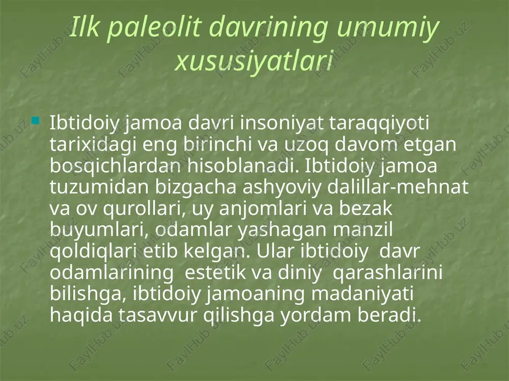ldagi qurollar hosil qilingan. ashel` davrida ayrim qurollarning shakli uni ishlatish xususiyatiga bog`liq bo`lgan. so`nggi ashelda tabiat keskin o`zgara boshlaydi. o`simliklar, hayvonot dunyosi, iqlimning o`zgarishi ibtidoiy odam ho`jaligiga ham ta`sir etadi. iqlimning o`zgarishi er yuzini ulkan muzliklar qoplashi bilan xarakterlanadi. muzlik –odamning paydo bo`lishi davri bo`lgan kaynozoy erasining to`rtlamchi bosqichida siljiy boshlaydi. muzlik izlarini olimlar mo``tadil iqlim mintaqalarida o`rganganlar. tropik zonalarda muzlikning siljishi plyuvia davrini (plyuvia-yomg`ir) shakllantirgan. masalan, bu davrda saxroi kabirdan daryolar oqqan. shell davrida yashagan odamlar asta-sekin er yuzining ko`plab hududlariga o`rnasha boshlagan. ashel` davrida ular shimoliy hududlarga qarab siljigan. ashel` davridan odamlar sun`iy makonlarda yashashga harakat qiladi. dastlabki sun`iy makonlar- g`orlar edi. qadimgi odamlarning g`orlarga joylashishi va o`rnashishi bilan odamlar ko`chmanchi hayotdan o`troq kun kechirishga o`ta boshladi. ibtidoiy to`da ichida ayollar va erkaklar o`rtasidagi mehnat taqsimlanadi. ya`ni erkaklar ozuqa topish zarurati tufayli ko`proq ovga intilgan bo`lsa, ayollar g`orni qo`riqlash, bu davrda o`zlashtirilgan olovni o`chirmasdan saqlashga harakat qilgan. …