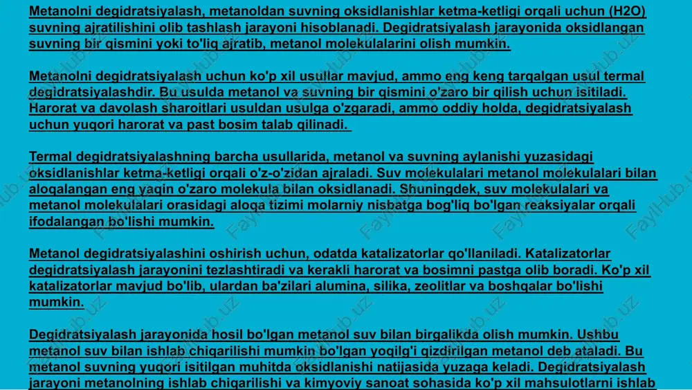ilik monomeriar olishda foydalaniladl masaian, metilfenilkarbinolni degidratatsiyalab stirol ishlab chiqarish mumkin: c6h5-choh-chr-+c6hs-ch=ch2+h20 izobuten va formaldegiddan izopren sintez qilish usuli diol va to'yimagan spirtlarni degidratatsiyasi bilan bog'liq: c6h5-choh-chr-+c6hs-ch=ch2+h20 dioldan suv molekulasi ajralishi natijasida turli xil to'yinmagan spirtlar aralashmasi hosil bo'ladi, lekin ulaming degidratatsiyasi natijasida izopren olinadi, bunda reaksiya qo'sh bog'ni siljishi bilan sodir bo'ladi stirol xlorli birikmalar gidrolizi va olefinlar gidratatsiyasi jarayonlari bilan oraliq oddiy efirlar hosil bo'lishi haqida yuqorida ko'rsatilgan edi. bu usul bilan kerakli miqdorda diizopropil efiri olish mumkin. biroq dietilefiri keng qo'hanilganligi sababli, uni 250°c da ,geterogen ah03 katalizatori ishtirokida molekulalararo degidratatsiyalash bilan sintez qilinadi: 2c2hsoh -+ (c2hsho + h20 izopropanol va yuqori spirtlardan oddiy efirlar olishda oraliq olefinlar hosil bo'lishi sababli, yuqoridagi usulni qo'hash cheklangan. shu sababli, ko'pchilik efirlami suyuq fazada nisbatan past temperaturada kislotali katalizatorlardan-sulfat, fosfat kislotalar, arilsulfokislota ishtrokida olib borishadi. bu usul yordamida asosan, bir xii alkil guruhli simmetrik efirlar sintez qilinadi, ikkita spirt aralashmasini …