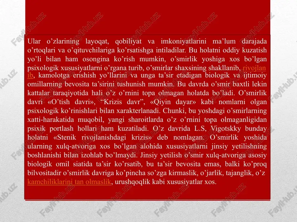 g ijtimoiy mavqei o’zgaradi, o’zining yaqinlari, do’stlari, tengdoshlari bilan yangi munosabatlar yuzaga keladi. lekin eng katta o’zgarish uning ichki dunyosida yuzaga keladi. ko’pgina o’smirlarda o’zidan qoniqmaslik holati kuzatiladi. shuningdek, o’zi haqidaga mavjud fikrlarining bugun unda sodir bo’layotgan o’zgarishlarga to’g’ri kelmayotganligi o’smirni asabiylashishiga olib keladi. bu esa o’smirda o’zi haqida salbiy fikr va qo’rquvni yuzaga keltirishi mumkin. ba’zi o’smirlarni nima uchun atrofdagilar kattalar shuningdek ota-onasiga qarshi chiqayotynligini anglay olmayotganligi tashvishga soladi. bu holat ularni ichdan asabiylashishlariga sabab bo’ladi va o’smirlik davri krizisi deyiladi. o’smirlik davrida yetakchi faoliyat - bu o’qish, muloqot hamda mehnat faoliyatidir. o’smirlik davri muloqotining asosiy vaziasi - bu do’stlik, o’rtoqlikdagi elementar normalarini aniqlash va egallashdir. o’smirlar mo’loqotining asosiy xususiyati shundan iboratki, u to’la o’rtoqlik kodeksiga bo’ysunadi. o’smirlarning ota-onasi, kattalar bilan qiladigan muloqoti ularning katta bo’lganlik hissi asosida tuzilgan bo’ladi. ular kattalar tomonidan qilinadigan haq-huquqlarini cheklashlariga, qarshilik va e’tirozlariga qattiq qayguradilar. lekin shunga qaramasdan u muloqotda kattalarning qo’llab-quvvatlashlariga ehtayoj …