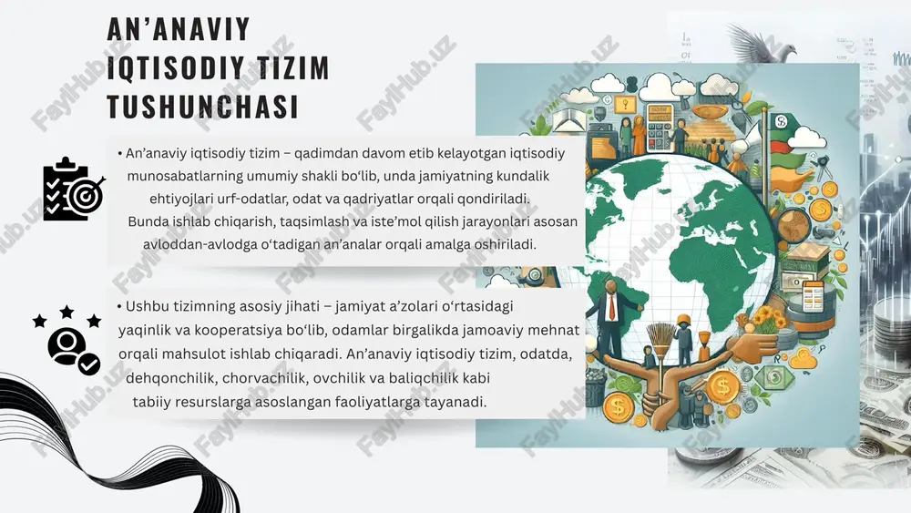 lda qoladi va global iqtisodiyotdan kamroq foyda oladi. tizimda mehnat taqsimoti asosan an’analar va urf-odatlar asosida belgilangan bo‘lib, odatda muayyan jins yoki yoshdagi kishilar ma’lum ishlarni bajaradi. bu esa zamonaviy ta’lim va kasbiy o‘sish imkoniyatlarini cheklaydi. rivojlanishga cheklovlar resurslar yetishmovchiligi mehnat ta’minoti va ta’lim dunyo misollari afrikadagi qabilalar: afrikaning ayrim hududlarida yashovchi qabilalar an’anaviy iqtisodiy tizim asosida hayot kechiradi. ular o‘z iqtisodiyotlarini dehqonchilik, chorvachilik va ovchilik orqali ta’minlaydi va tabiat resurslaridan ehtiyotkorlik bilan foydalanadi. bu qabilalar o‘ziga xos urf-odat va madaniyatlarini saqlab qolgan holda yashab keladi, bu esa ularni global iqtisodiyotdan mustaqilroq saqlaydi. janubi-sharqiy osiyo xalqlari janubi-sharqiy osiyo davlatlarining ayrim hududlarida an’anaviy iqtisodiy tizim saqlanib qolgan. bu xalqlar asosan baliqchilik, qo‘l mehnatiga asoslangan hunarmandchilik va qishloq xo‘jaligiga tayanadi. masalan, tailand va indoneziyaning qishloq hududlarida mahalliy aholining iqtisodiy faoliyati tabiat bilan uyg‘unlikda olib boriladi va an’anaviy yondashuvlar saqlanadi. aborigen jamiyatlari avstraliyaning tub aholisi – aborigenlar – an’anaviy iqtisodiy tizim asosida yashashni …