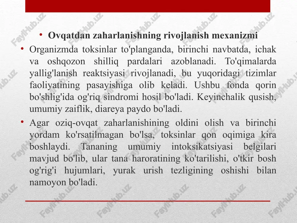 olish bu erda butunlay kattalarga bog'liq. umumiy tavsiyalar oziq-ovqat zaharlanishi va toksikozning oldini olishovqatdan zaharlanish va toksik infektsiyalarning profilaktikasi umuman quyidagilarni o'z ichiga oladi: sifati va yangiligi shubhali oziq-ovqatlarni, yaroqlilik muddati yaqinlashib qolgan mahsulotlarni iste'mol qilishdan bosh torting. sanitariya-epidemiologiya tekshiruvidan oʻtgan eksklyuziv sertifikatlangan tovarlarni xarid qilish. sut mahsulotlari, baliq, go'sht, dudlangan go'shtlarni sotib olishga alohida e'tibor berilishi kerak, chunki bunday mahsulotlarda ko'pincha patogen bakteriyalar sporalari mavjud. xom ashyolarni tayyorlashda qoʻllaniladigan meʼyorlar va harorat rejimlariga rioya qilish. alohida yuzalarda turli mahsulotlarni kesish. misol uchun, xom sabzavotlar va go'sht turli taxtalarda kesilishi kerak. ovqatlarni stol ustiga bir-biriga tegmaydigan qilib joylashtiring. har safar alohida idishlar tayyorlashga oʻtganingizda qoʻl va idishlarni yuving. agar uning sogʻliq uchun xavfsiz ekanligiga ishonch boʻlmasa, qaynatilgan ichimlik suvi. idish-tovoq va vilkalar pichoqni har foydalanishdan keyin termik va antibakterial ishlov berish, shuningdek, sovuq suvda yuvish. sho'rvalarni yana ichishdan oldin yana qaynatib oling. xulosa shuning uchun biz ovqatdan zaharlanish sabablarini koʻrib …