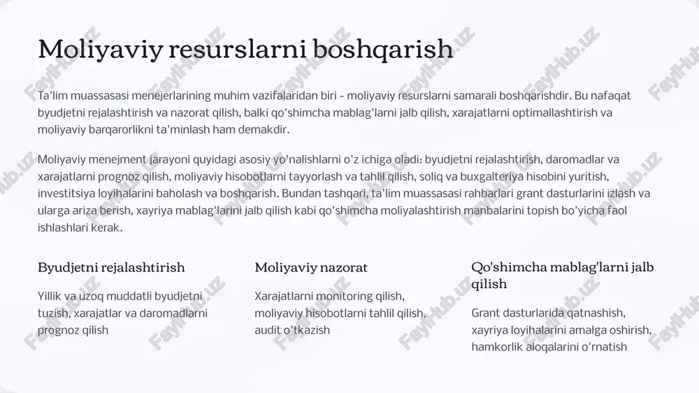 kali va istiqbolli xodimlarni jalb qilish uchun samarali usullarni qo'llash malaka oshirish xodimlar uchun muntazam treninglar, seminarlar va kasbiy rivojlanish dasturlarini tashkil etish baholash va motivatsiya xodimlar faoliyatini baholash tizimini joriy etish va samarali motivatsiya mexanizmlarini yaratish jamoaviy muhit xodimlar o'rtasida hamkorlik va o'zaro hurmatni rag'batlantirish, nizolarni konstruktiv hal etish 4 ta'lim sifatini nazorat qilish va baholash ta'lim sifatini nazorat qilish va baholash - ta'lim muassasasi menejerlarining asosiy vazifalaridan biridir. bu jarayon o'quv dasturlarining samaradorligini, o'qituvchilar faoliyatini va o'quvchilarning yutuqlarini muntazam ravishda kuzatib borish va tahlil qilishni o'z ichiga oladi. ta'lim sifatini nazorat qilish va baholash tizimi quyidagi elementlarni o'z ichiga olishi mumkin: o'quvchilarning bilim darajasini baholash uchun standartlashtirilgan testlar o'tkazish, o'qituvchilar faoliyatini baholash mezonlarini ishlab chiqish va qo'llash, o'quv jarayonini kuzatib borish va tahlil qilish, ota-onalar va o'quvchilar orasida so'rovlar o'tkazish. bundan tashqari, tashqi baholash va akkreditatsiya jarayonlarida ishtirok etish ham muhimdir. ma'lumot to'plash o'quvchilar natijalari, o'qituvchilar faoliyati, ota-onalar …