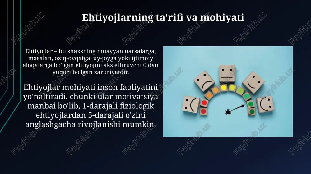 is-tuyg'ularini tushunish va his qilish, ya'ni 6-10 yoshdagi bolalar uchun zarur. hurmatga bo'lgan ehtiyoj hurmatga bo'lgan ehtiyoj, maslou piramidasida 4-darajada bo'lib, o'z-o'zini hurmat qilish va boshqalar tomonidan qadrlanish kabi 2 ta tarkibiy qismni o'z ichiga oladi. o'zbek mentalitetida hurmatga bo'lgan ehtiyoj kuchli bo'lib, 'katta hurmatda, kichik izzatda' maqoli bunga yorqin misol, bu kollektivistik madaniyat bilan bog'liq. o'zini-o'zi anglash ehtiyoji o'zini-o'zi anglash ehtiyoji, maslou piramidasining 5-bosqichi, shaxsning o'z potensialini to'liq ro'yobga chiqarish, 100% imkoniyatdan foydalanishga intilishini anglatadi. bu ijodiy faollikni rag'batlantiradi. bu ehtiyoj qondirilishi uchun shaxs o'zining kuchli va zaif tomonlarini aniq bilishi, 7 asosiy fazilatni rivojlantirishi, o'ziga xos qobiliyatlarini namoyon etishi zarur. muqobil yo'llarni topish kerak. ehtiyojlarni qondirish darajalari ehtiyojlarni qondirish darajalari minimum (0-20%), qisman (21-60%), toʻliq (61-90%) va maksimal (91-100%) kabi kategoriyalarga boʻlinadi, ularning har biri turli xil resurslarni talab qiladi. psixologik ehtiyojlarning qondirilish darajasi insonning ruhiy holatiga bevosita ta'sir ko'rsatadi: yuqori daraja (70% dan ortiq) baxt hissini oshiradi, …