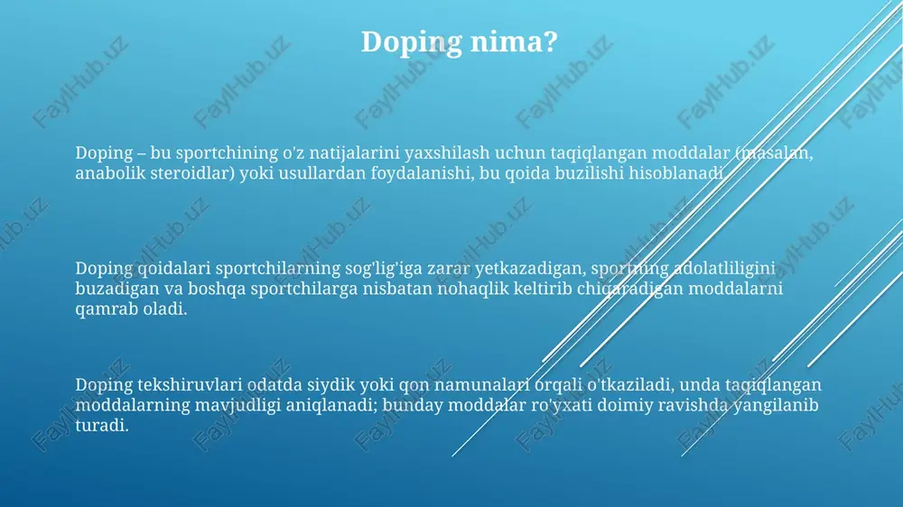 ida sportchidan kamida 90 ml siydik namunasi olinadi, u ikki a va b namunalariga bo'linadi, a namunasi tahlil uchun, b esa tasdiqlash uchun saqlanadi. wadaning akkreditatsiyalangan laboratoriyalari gc-ms va lc-ms/ms kabi ilg'or analitik usullardan foydalanadi. bu usullar steroidlar va peptid gormonlari kabi taqiqlangan moddalarni aniqlashda yuqori aniqlikka erishadi. agar a namunasi musbat natija ko'rsatsa, sportchi b namunasi tahlilida ishtirok etish huquqiga ega. b namunasi natijalari a namunasi natijalarini tasdiqlasa, sportchiga sanksiyalar qo'llanilishi mumkin. doping holatlari bo'yicha sanksiyalar sportchining doping qoidalarini buzganligi aniqlansa, uning natijalari bekor qilinadi va olingan medallar, sovrinlar va mukofot pullari qaytarib olinadi. doping qoidabuzarligi uchun diskvalifikatsiya 4 yilgacha boʻlishi mumkin, ogʻir holatlarda esa, takroriy qoidabuzarliklarda umrbod diskvalifikatsiya ham qoʻllanilishi mumkin. jamoaviy sport turlarida doping qoidabuzarligi aniqlansa, butun jamoa jarimaga tortilishi yoki musobaqadan chetlatilishi mumkin, bu jamoaning obro'siga putur yetkazadi. sportchilarning huquqlari va majburiyatlari sportchilar doping nazoratidan o'tish huquqiga ega bo'lib, jarayon davomida vakil yoki guvohni taklif qilishlari …