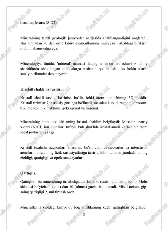 shda 1 dan 10 gacha shkala bo'yicha muhim ahamiyatga ega. ba'zi minerallar, masalan, gematit, qizil chiziqqa ega bo'lishi mumkin, lekin tashqi ko'rinishi kulrang bo'lishi mumkin. chiziq mineralning tarkibi va tuzilishini tahlil qilishda 0.01 mm gacha aniqlik beradi. mineralning qattiqligi mohs shkalasi bo'yicha 7 dan yuqori bo'lsa, chiziqni aniqlash uchun maxsus chiziqli plitalardan foydalanish kerak. bu jarayon mineralning optik xususiyatlarini o'rganishda 5-10% gacha aniqlik beradi. yorilish va sinish yorilish tekisliklar boʻylab aniq, silliq boʻlinishni ifodalaydi, masalan, slyudada bazal yorilish. yorilish sifati mukammal, yaxshi, oʻrtacha yoki yomon deb baholanadi. sinish yorilishdan farqli ravishda, tekis boʻlmagan, tartibsiz yuzalar hosil qiladi. u chigʻanoqsimon, tolasimon, qipiqsimon, notekis yoki oʻtkir boʻlishi mumkin. masalan, kvars chigʻanoqsimon sinishga ega. mohs qattiqlik shkalasi minerallarning qattiqligini oʻlchaydi, ammo yorilish va sinish ularning ichki tuzilishiga bogʻliq. qattiq mineral yorilishi mumkin va aksincha, bu ikki xususiyat mustaqil. solishtirma og'irlik solishtirma og'irlik minerallar zichligini suvning zichligiga nisbatan ifodalaydi, odatda 2 dan 8 gacha …