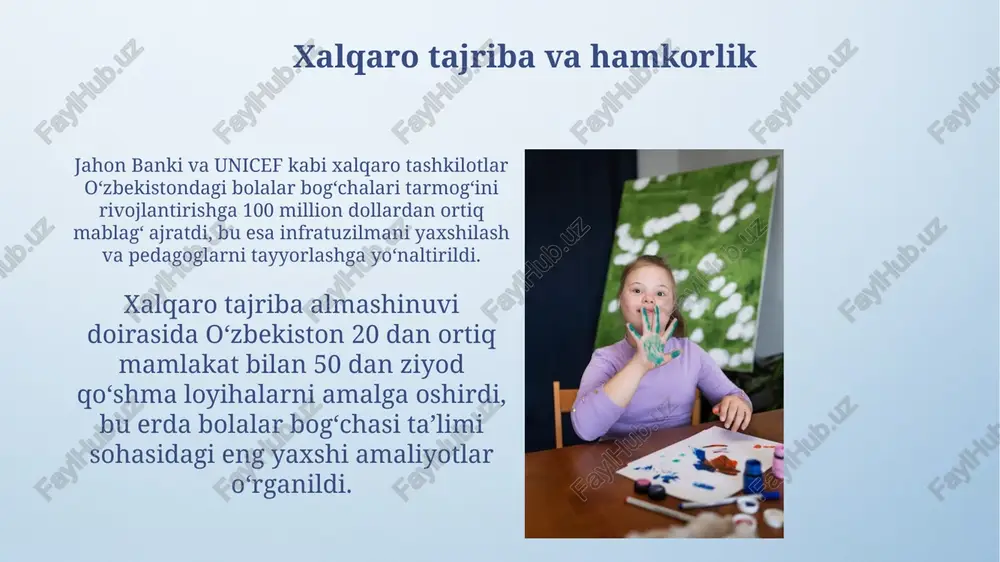 a yangi o'quv dasturlari ishlab chiqiladi. davlat-xususiy sheriklik modelini qo'llab-quvvatlash orqali keyingi 5 yilda 1000 dan ortiq yangi xususiy maktabgacha ta'lim muassasalarini ochish va mavjudlarini modernizatsiya qilish rejalashtirilgan. maktabgacha ta’limning rivojlanish bosqichlari 2000-yillardan boshlab, "davlat ta’lim standarti" joriy etilishi bilan maktabgacha ta’limning sifatini oshirishga qaratilgan islohotlar boshlandi, pedagogik kadrlar tayyorlash tizimi takomillashtirildi. 2017-yildan boshlab, prezident farmonlari bilan maktabgacha ta’limning qamrovini kengaytirishga qaratilgan "yoshlarni qo'llab-quvvatlash va ayollar bandligini ta'minlash" dasturi doirasida 3000 dan ortiq yangi bog'cha qurildi. xususiy maktabgacha ta’lim muassasalari ushbu muassasalar turli xil pedagogik yondashuvlarni, shu jumladan montessori, waldorf va reggio emilia uslublarini qo'llaydilar, bu esa ota-onalarga turli xil tanlov imkoniyatlarini beradi. o'rtacha har bir maktabda 20-30 nafar bola ta'lim oladi. xususiy maktabgacha ta’lim muassasalari, davlat muassasalariga nisbatan, o'quv dasturlariga qo'shimcha xizmatlarni, masalan, chet tillarini o'rgatish, sport va san'at dasturlarini taklif qilish imkoniyatiga ega. narxlari esa, o'rtacha oylik maoshning 1,5-3 barobarini tashkil etadi. maktabgacha ta’limning sifatini baholash maktabgacha ta’lim …