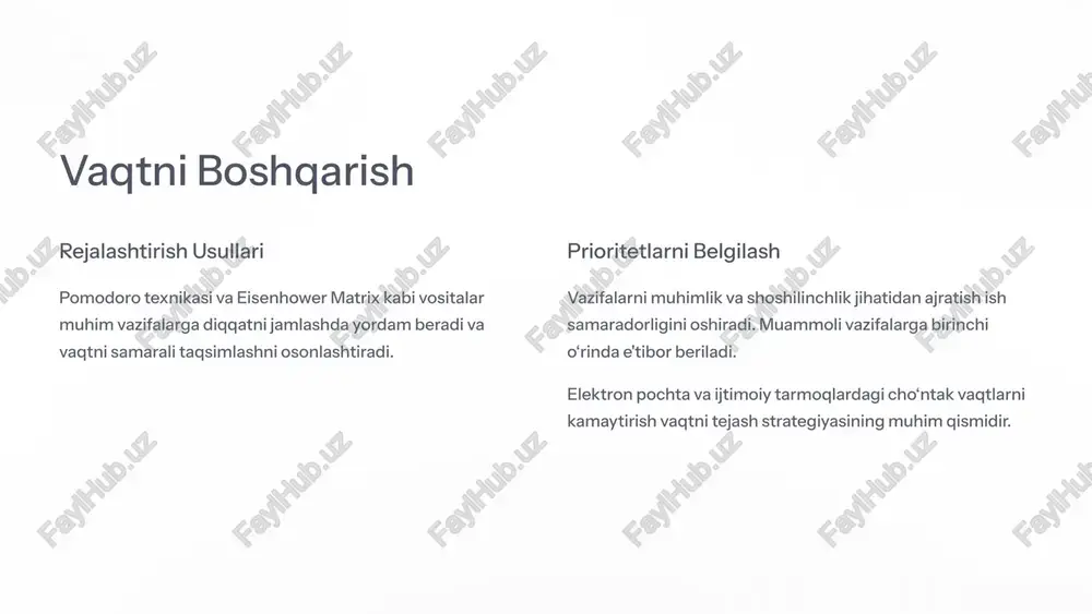 tinimsiz izlanish va motivatsiya yuqori natijalar olib keladi. 10 dars bo’yicha savollar savol: shaxsiy akademik faoliyat nima? 2. savol: akademik faoliyatni qanday tashkil qilish mumkin? 3. savol: shaxsiy reja tuzishning afzalliklari nimalardan iborat? 4. savol: akademik kunlik (dnevnik) nima uchun kerak? 5. savol: ta’limda maqsad qo‘yish nima uchun muhim? 6. savol: vaqtni boshqarish vositalariga misollar keltiring. 7. savol: samarali o‘qish muhiti qanday bo‘lishi kerak? 8. savol: o‘z-o‘zini baholash nima uchun kerak? 9. savol: motivatsiyani qanday ushlab turish mumkin? 10. savol: akademik faoliyatda texnologiyalardan qanday foydalanish mumkin? image1.png image2.png image3.png image4.png image5.png image6.png image7.png image8.png image9.png image10.png image11.png image12.png image13.png image14.png image15.png image16.png image17.png image18.png image19.png