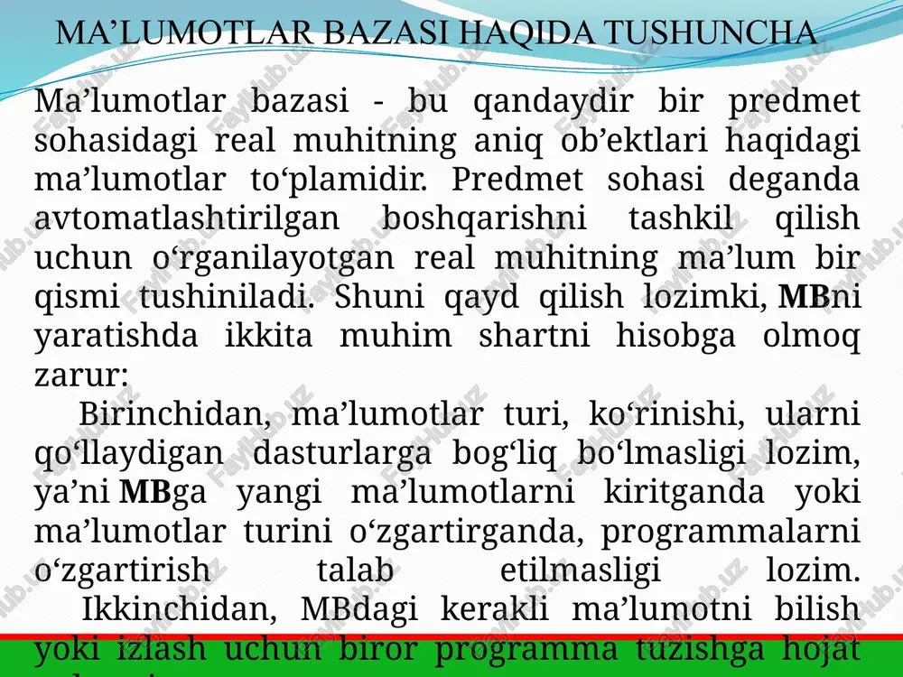 a ega bo‘lgan yozuvning nusxalar to‘plamidir. u o‘zicha har bir maydonda qiymatga ega. misol. student faylidagi (jadvalidagi) yozuvlarning mantiqiy strukturasini tavsiflashga doir misolda ko‘rsatilgan. student faylidagi yozuvning tuzilishi chiziqli bo‘lib, u o‘zgarmas uzunlikdagi yozuvlardan iborat. yozuv maydonlari takrorlanuvchi qiymatlar guruhiga ega emas. maydon qiymatiga murojaat uning nomeri bo‘yicha amalga oshiriladi. 8 ma’lumotlar bazasi haqida tushuncha fayl nomi student maydon kalit belgisi maydon formati nomni belgilash to‘liq nomlanish (rekvizit) tip uzun- ligi aniq- ligi nomer talaba reyting daftarchasi nomeri * text 10 familyasi talaba familiyasi text 10 ismi talaba ismi text 8 o_ismi talaba otasi ismi text 10 t_kun talabaning tug‘ilgan sanasi sana 8 baho talabaning o‘rtacha bahosi integer 3 2 9 ma’lumotlar bazasi haqida tushuncha fayl nomi student maydon kalit belgisi maydon formati nomni belgilash to‘liq nomlanish (rekvizit) tip uzun- ligi aniq- ligi nomer talaba reyting daftarchasi nomeri * simvol 10 famil talaba familiyasi simvol 10 ismi talaba ismi simvol …