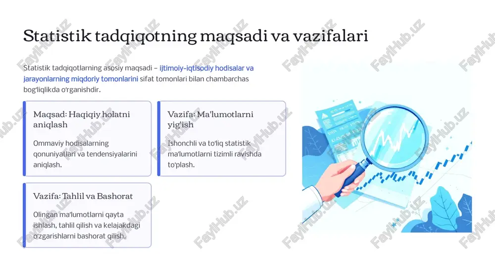 ik jadvallar yoki grafiklar ko'rinishida taqdim etiladi. guruhlash tahlil qilinayotgan hodisaning tuzilishi, guruhlararo farqlanishi va asosiy tendensiyalarini aniqlash imkonini beradi. 8 mutlaq va nisbiy statistik kattaliklar mutlaq kattaliklar mutlaq kattaliklar o'rganilayotgan hodisalarning haqiqiy miqdorini ifodalaydi va har doim o'lchov birligiga ega bo'ladi (dona, kg, so'm, odam). hajmli (volume) umumiy miqdorni ko'rsatadi (masalan, ishlab chiqarilgan mahsulot hajmi). individual (separate) to'plamning bitta birligi uchun (masalan, ishchining oylik ish haqi). nisbiy kattaliklar nisbiy kattaliklar ikki mutlaq kattalikning nisbati sifatida hisoblanadi va hodisalarning o'zaro munosabatlarini tavsiflaydi (foiz, koeffitsiyent). tuzilish (structure) to'plamning qismlari ulushini ko'rsatadi (foizlar). dinamika (growth) hodisaning vaqt o'tishi bilan qanday o'zgarganini ifodalaydi (o'sish sur'ati). 9 statistik jadvallar va grafiklar statistik natijalarni ko'rgazmali va tushunarli tarzda taqdim etish uchun jadvallar va grafiklardan foydalaniladi. statistik jadvallar ma’lumotlarni satrlar va ustunlar shaklida tartiblashning eng qulay usuli boʻlib, ular: oddiy (sub'ektlarning roʻyxati) guruhli (belgi boʻyicha guruhlash) kombinatsiyali (ikki yoki undan ortiq belgi boʻyicha guruhlash) grafiklar vizual …