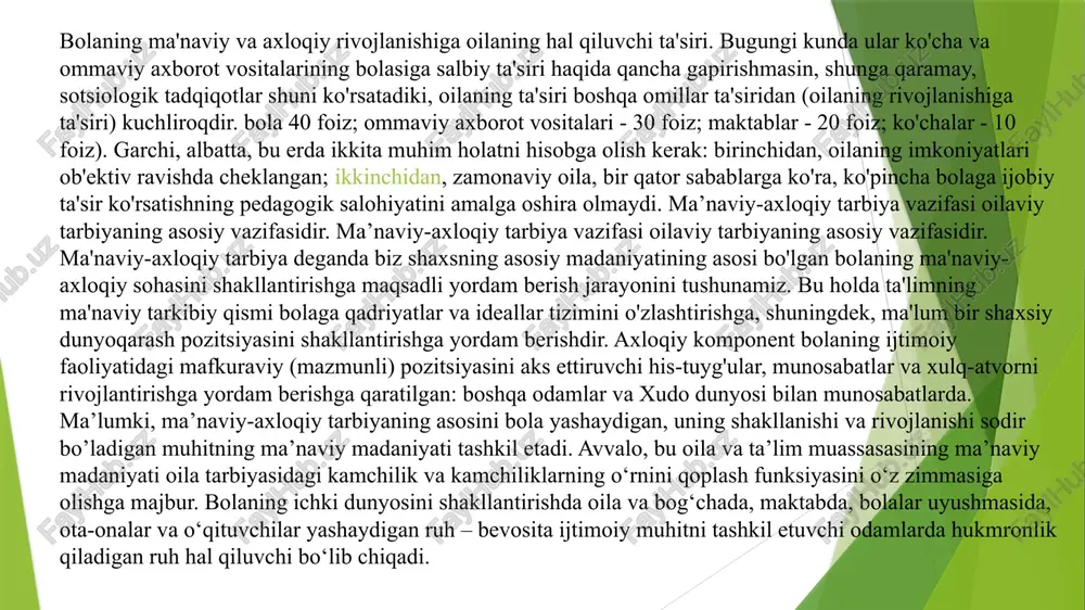 yaxshi va yomonni farqlashdan iborat; estetik - go'zal va xunukni farqlashdan iborat; diniy - haqiqat va yolg'onni farqlashdan iborat - bu nafaqat asosiy vazifa (ko'pincha amalga oshirib bo'lmaydigan yoki zamonaviy oila tomonidan o'z-o'zidan amalga oshiriladi), balki oilada kattalar va bolalar, bolalar jamoasidagi bolalar o'rtasidagi tarqoqlikni bartaraf etish vositasidir. oila va ta'lim muassasasi o'rtasida, shaxs (ham kichik bola, ham kattalar; bola, ota-ona, os o'qituvchisi) va an'anaviy madaniyat o'rtasida. bolalarni ma'naviy-axloqiy tarbiyalashdagi qiyinchiliklar. toki mana shunday tarqoqlik bartaraf etilmaguncha, oilada ma’naviy jamiyatga erishilmaguncha, ta’lim muassasalari bu muammoni o‘z darajasida hal etish yo‘llarini topsalar ham, bolalarni ma’naviy-axloqiy tarbiyalashda ko‘p ish qilish mumkin emas. 1928 yilda protopresbyter vasiliy vasilyevich zenkovskiy yozgan ediki, oiladan tashqaridagi barcha ma'naviy va axloqiy ishlar, garchi, shubhasiz, zarur va ko'p narsani anglatsa ham, hech qachon oilada imkon qadar keng va chuqur ruhlarni qamrab ololmaydi ... oiladan tashqari va o'tmishda oilaviy diniy uyg'onish tarixiy ta'sir ko'rsata olmaydi. bu rossiyaning ma'naviy va …