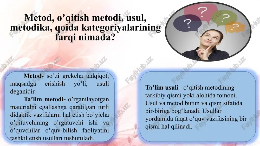 metodikasining o‘ziga xosliklari. . ta’lim muassasasining moddiy ta’minlanganligi ta’lim vositalari ta’lim metodlari ta’lim vositalari bilan birgalikda qo‘llaniladi.ta’limning barcha vositalari ta’lim maqsadlarini muvafaqqiyatli amalga oshiradi. . ta’lim vositalari - bu yangi bilimlarni o‘zlashtirish uchun o‘qituvchi va o‘quvchilar tomonidan foydalaniladigan ob’yekt. ta’lim vositalarining ahamiyatli tomoni ularning birgalikda qoʼllanilishidir oʼqituvchining vazifasi – dars jarayonini faollashtirish uchun taʼlimning samarali vositasini tanlab olishdir. didaktik vositalar deganda, o‘quv va ko‘rgazmali qo‘llanmalar, namoyishli qurilmalar, texnik vositalar tushuniladi.qo‘llanmalari, darsliklar, jadvallar, maketlar, modellar, o‘quv-texnik vositalar, mebel, o‘quv-laboratoriya qurilmalari, ko‘rgazmali vositalar bo‘lishi mumkin. ta’limning texnik vositalari-ttv - bu o‘zida o‘quv- axborotlarini ekranli-ovozli aks ettiruvchi asbob va moslamalardir. ularga quyidagilar kiradi: o‘quv kinofilmlari; diafilmlar; kompyuterlar; magnitofon tasmalari; radioeshittirish; teleko‘rsatuvlar. adabiyotlar ro’yxati 1. asqarova r., haitboev m., nishonov s. pedagogika. t.: o’qituvchi, 2001. 2. pedagogika. m.to’xtaxo’jaevaning umumiy taxriri ostida. – t.: o’zbekiston faylasuflari milliy jamiyati, 2010. 3. podlasiy i.p. pedagogika v2-x kn.-m.: vlados, 2000. 4. ibragimov x.i. abdullaeva sh. pedagogika nazariyasi. –t.: …