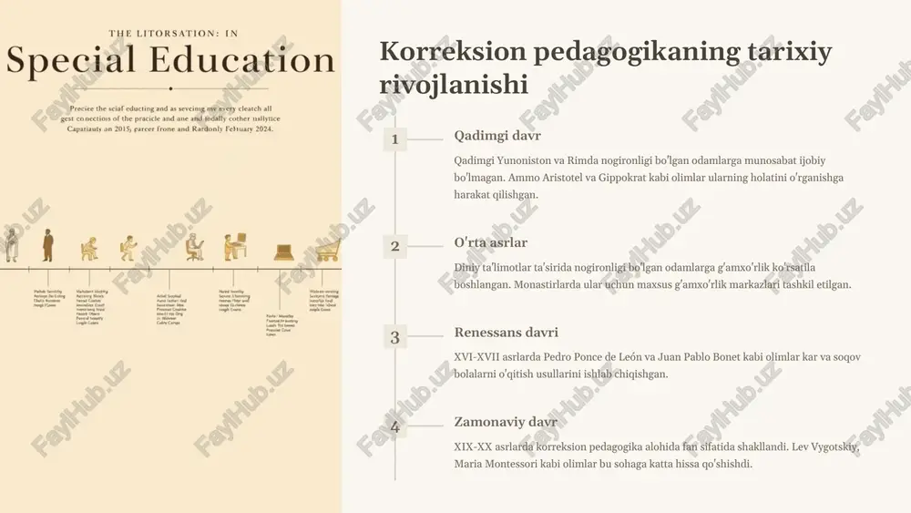 a samarali va qiziqarli qilishga yordam beradi. 5 korreksion pedagogikada muhit va resurslar moslashtirilgan sinfxona maxsus jihozlangan sinfxonalar turli ehtiyojlarga ega bo'lgan o'quvchilar uchun qulay sharoit yaratadi. bunda ravshanlik, akustika, harakatlanish imkoniyatlari inobatga olinadi. yordamchi texnologiyalar maxsus kompyuter dasturlari, eshitish va ko'rish moslamalari, harakatlanish vositalari kabi texnologiyalar o'quvchilarning ta'lim olishini osonlashtiradi. maxsus o'quv materiallari moslashtirilgan darsliklar, braille alifbosidagi kitoblar, audio kitoblar va boshqa maxsus o'quv qo'llanmalari o'quvchilarning samarali ta'lim olishiga yordam beradi. malakali mutaxassislar maxsus tayyorgarlikdan o'tgan o'qituvchilar, psixologlar, logopedlar va boshqa mutaxassislar jamoasi samarali ta'lim jarayonini ta'minlaydi. 6 inkluziv ta'lim va korreksion pedagogika inkluziv ta'lim tushunchasi inkluziv ta'lim - bu barcha bolalarning, shu jumladan maxsus ehtiyojlarga ega bo'lgan bolalarning umumta'lim maktablarida birgalikda o'qishini ta'minlovchi yondashuv. bu yondashuv jamiyatda tenglik va inklyuzivlikni targ'ib qiladi. korreksion pedagogika bilan bog'liqlik korreksion pedagogika inkluziv ta'limning ajralmas qismi hisoblanadi. u maxsus ehtiyojlarga ega bo'lgan o'quvchilarni umumta'lim muhitiga moslashtirishda yordam beradi va ularning individual ehtiyojlarini …