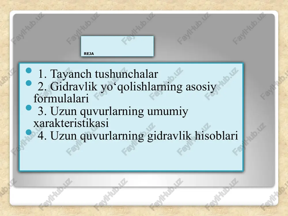 qlanadi: 25 uzunlik bo‘yicha yo‘qolish darsi – veysbax formulasi orqali aniqlanadi: -oqim tartibi va quvur materialiga bog‘liq ishqalanish qoeffitsienti ; ; butun tizim bo‘yicha qarshilik qoeffitsienlar yig‘indisi: - quvur uzunligi bo‘yicha qarshilik koeffitsienti. - mahalliy qarshilik koeffitsientlari 4. aniqlangan kattaliklarni asosiy sarf topish formulaga qo‘yib: unda dyuker diametriga bog‘liq bo‘lmagan parametrlarni tenglamaning bir tomoniga, bog‘liq bo‘lgan parametrlarni esa tenglamaning ikkinchi tomoniga yig‘ib, quydagi funktsiyani keltiramiz : dyuker diametriga bog‘liq bo‘lmagan parametrlarni tenglamaning bir tomoniga, bog‘liq bo‘lgan parametrlarni esa tenglamaning ikkinchi tomoniga yig‘ib, quydagi funktsiyani keltiramiz : ushbu formuladan hisoblar jadval usulida olib boriladi: d1 d2 d3 5 jadvalning natijasi bo‘yicha grafigi quriladi: grafikdan quydagiga xos quvur diametri aniqlanadi nazorat savollari uzun quvurlarni ta’riflang nazorat savollari uzun quvurlarning umumiy xarakteristikasini tushuntiring nazorat savollari uzun quvurlarning gidravlik hisoblari yollari va usullarini tushuntiring gidravlik yo‘qolishlarning asosiy formulalari qanday? uzun quvurlarning ulanish sxemalarini tushuntiring gidravlik yo‘qolishlarning turlarini tushuntiring e’tiboringiz uchun raxmat ma’ruzachi: katta o’qituvchi …