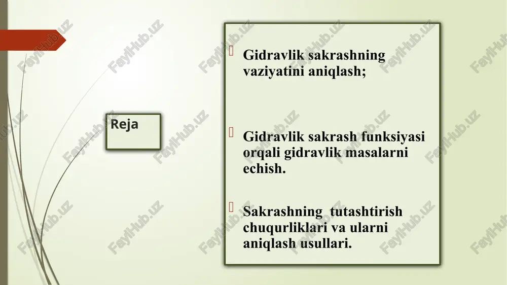 nergiyaning qiymati ma’lum va siqilgan kesimdagi suv chuqurligini (hc) tanlash usuli bilan aniqlash mumkin. hc – ga bir necha qiymatlarni berib, (1) tenglamaning o’ng tomonini hisoblaymiz. hisoblash natijalarini jadvalda keltiramiz: jadvaldagi qiymatlar asosida grafigini quramiz , m , m2 , m , m kesimning to’la solishtirma energiya grafigi sakrashning ikkinchi tutashtirish chuqurligini aniqlash. quyidagi qiymat o’zgarmasdir: grafikdan ma’lum bo’lgan yuqori befdagi to’la solishtirma energiyaning qiymatiga qarab birinchi tutashuv chuqurligining qiymati aniqlanadi. siqilgan kesimdagi suv chuqurligini birinchi tutashtirish chuqurligi deb qabul qilib ( ), ikkinchi tutash chuqurligini aniqlaymiz. ikkinchi tutash chuqurligini sakrash funksiyasi grafigi orqali aniqlash mumkin gidravlik sakrashning asosiy tenglamasi harakat miqdorining o’zgarishi haqidagi nazariyasidan, tutash chuqurliklar va orasidagi bog’liqliklar prizmatik o’zanlar uchun, quydagi formula yordamida gidravlik sakrashning asosiy tenglamasi qo’rinishini olamiz gidravlik sakrashning asosiy tenglamasining qo’rinishi quydagicha gidravlik sakrashning asosiy tenglamasida gidravlik sakrashdan oldingi harakatdagi kesimning yuzasi gidravlik sakrashdan keying harakatdagi kesimning yuzasi, to’rtburchak shaklli kanallar uchun harakatdagi kesim …