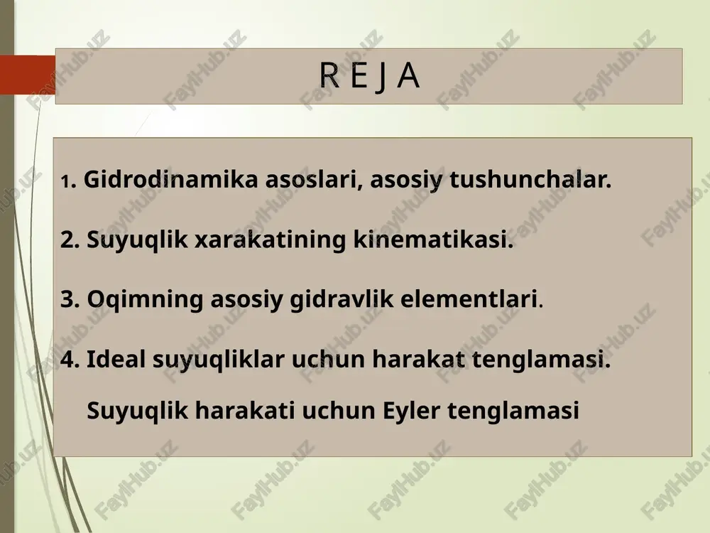 shun ham umumiylashgan tenglama shiqarishimiz mumkin. suyuqlik harakatda bo’l­ganligi ushun bosim kushlaridan tashqari inersiya kushlari ham mavjud bo‘ladi. dalamber prinsipin qo`llasak quyidagi differensial tenglamalar sistemasiga ega bo`lamiz: yoki suyuqlik harakati ushun eyler tenglamasi (1755y) nazorat savollari: 1. fanning gidrodinamika bo’limi nimani o’rgatadi? 2. gidrodinamik bosim deganda qanday bosimni tushunasiz? 3. barqaror va beqaror harakatni tushuntiring? 4. oqimning jonli qirqimi nima? 5. gidravlik radius qanday topiladi? 6. suyuqlik sarfi va o’rtacha tezlik orasida qanday bog’lanish bor? 7. oqimning asosiy gidravlik elementlariga qanday gidravlik kattaliklar kiradi ? 8. suyuqlik harakati ushun eyler tenglamasini tushuntirib bering. image2.png image3.png image4.wmf image5.wmf oleobject1.bin oleobject2.bin ï ï ï þ ï ï ï ý ü ¶ ¶ - = ¶ ¶ - = ¶ ¶ - = z p z dt du y p y dt du x p x dt du z y x r r r 1 1 1 z p z z u u …