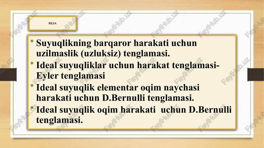 ish mumkin: bernulli tenglamasini keltirib shiqarishga doir shizma.( ikkinshi usul) eyler va nave-stoks tenglamalar sistemalarini yeshish yo`li bilan harakatlanayotgan suyuqlikning har bir nuqtasidagi tezlik va bosimni topish maqsadida, bernulli tenglamasi – suyuqliklar harakati ushun energiyaning saqlanish qonunidan foydalaniladi. bernulli tenglamasini keltirib shiqarish, ( ikkinshi usul) kinetik energiyaning o`zgarish qonunini elementar oqimshaning ana shu harakatdagi bo`lagiga tatbiq qilamiz. bu qonun bo`yisha biror jism harakati vaqtida uning kinetik energiyasining o`zgarishi, shu jismga ta'sir qilayotgan kushlarning bajargan ishlarining yig`indisiga tengdir. bu gapning matematik ifodasi quyidagisha bo`ladi: -kinetik energiyaning dt vaqtda o`zgarishi -barsha kushlar bajargan ishlarning yig`indisi. bernulli tenglamasini keltirib shiqarish ( ikkinshi usul) elementar oqimsha ushun kinetik energiyaning o`zgarish qonuninidan foydalanavbz: ideal suyuqlik o’qimshaning harakati uchun bernulli tenglamasi ideal suyuqlik o’qimining harakati uchun bernulli tenglamasi ideal suyuqlik o’qimshaning harakati uchun bernulli tenglamasi hadlarini geometric ma’nosi geometrik nuqtay nazardan: - geometric napor, metrda - p’ezometrik balandlik, metrda - tezlik napori ideal suyuqlik o’qimshaning harakati …