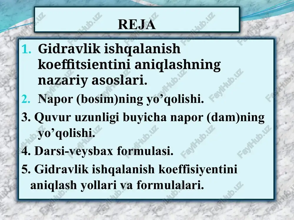 lash formulasi (al’tshul formulasi) turbulent harakat rejimining kvadrat qarshiliklar sohasida gidravlik ishqalanish koeffitsientini hisoblash formulasi (shifrinson formulasi ) nazorat savollari gidravlik qarshiliklar haqida tushuncha bering mahalliy qarshiliklar deb qanday qarshiliklarga aytiladi napor (bosim) yo’qolishi necha xil boladi va qanday ? laminar oqim tartibidagi yo’qolishlar nimaga bog’liq ? turbulent oqim tartibidagi yo’qolishlar nimaga bog’liq ? darsi -veysbax formulasi qanday va nimani ifodalaydi ? ishqalanish qarshiligi koeffitsienti deb qanday koeffitsientga aytiladi ? ishqalanish qarshiligi koeffitsientini aniqlash qaysi olimning formulalarini bilasiz? e’tiboringiz uchun raxmat ma’ruzachi: katta o’qituvchi d.a.saidxodjayeva. tel: +99890-525-33-20 image3.wmf image4.wmf image5.wmf image6.wmf image7.wmf image8.wmf oleobject5.bin oleobject6.bin oleobject7.bin oleobject8.bin oleobject1.bin oleobject2.bin oleobject3.bin oleobject4.bin image9.wmf image10.wmf image11.wmf oleobject9.bin oleobject10.bin oleobject11.bin image12.wmf image13.wmf image14.wmf image15.wmf oleobject12.bin oleobject13.bin oleobject14.bin oleobject15.bin image16.wmf image17.jpeg image18.jpeg image19.jpeg oleobject16.bin image20.png image21.png image22.png image23.wmf oleobject17.bin image24.wmf oleobject18.bin image25.wmf image26.wmf oleobject19.bin oleobject20.bin image27.wmf oleobject21.bin image28.wmf oleobject22.bin image2.jpeg = + + 1 1 1 2 2 z p g u g . …