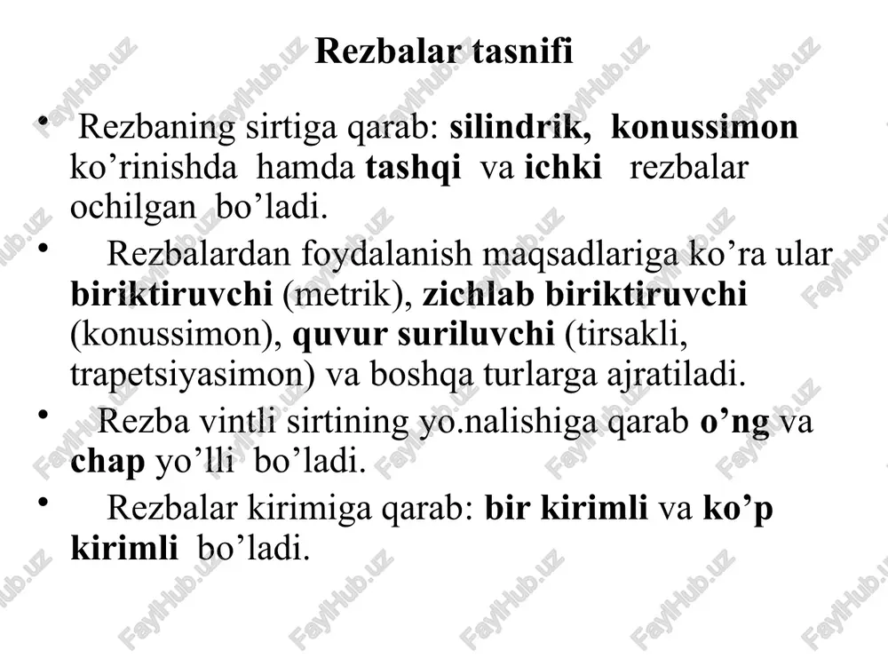 ayvandlash usuli ishlatiladi. ajralmaydigan birikmalar 1. payvand birikma-eritib yoki bosim bilan payvandlanadi. payvandlashning turlari quyidagicha: elektr yoyi yordamida -e; gaz yordamida payvandlash – g; kontaktli payvandlash – k. payvan choklar payvand choklar metallarni eritib quyishi natijasida hosil bo’ladi. detalni payvadlab ulashning turli usullari bor; choklar uchma-uch, ustma-ust, burchakli va tavr usulida bajariladi. ko’rinadigan payvand choklar asosiy tutash chiziqda, ko’rinmaydigan payvand choklar esa shtrih chiziq bilan belgilanadi. payvand birikmalar eritib yoki bosim bilan payvandlanadi. payvand choklar uzluksiz va har yer-har yeridan choklanishi mumkin. parchin cxhoklar bir uchida qalpog’i bo’lgan silindrik sterjendan iborat. ular mustahkam va zich mustahkam choklarga bolinadi. parchinlash detallarga o’yiq ochiladi qizdirilgan parchin mix mustahkamlanadi. diametri 10mm kichik bo’lsa qizdirilmaydi. image1.png image2.png image3.png image4.png image5.png image6.png image7.png image8.png image9.png image10.png image11.png image12.png image13.png image14.png image15.png image16.png image17.jpeg image18.jpeg image19.jpeg image20.jpeg image21.png image22.png image23.png image24.png image25.png image26.png /docprops/thumbnail.jpeg