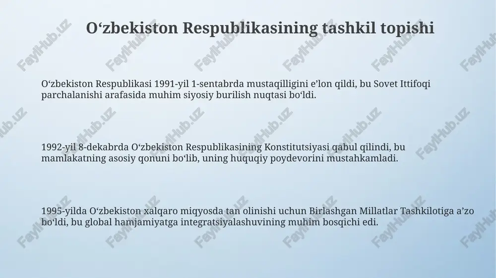 u oʻzbekistonning asosiy qonuni boʻlib, inson huquqlari va erkinliklarini kafolatlaydi, davlat tuzilishini belgilaydi. oʻzbekiston davlat bayrogʻi 1991-yil 18-noyabrda qabul qilingan boʻlib, undagi har bir rang maʼlum maʼnoni anglatadi, bu milliy oʻzlikni ifodalaydi. davlat gerbi 1992-yil 2-iyulda tasdiqlangan. undagi quyosh, daryolar va hosil ramzlari mamlakatning geografik joylashuvi va iqtisodiy salohiyatini aks ettiradi. siyosiy va iqtisodiy islohotlar iqtisodiy islohotlar 1990-yillarning o'rtalarida davlat mulkini xususiylashtirishni tezlashtirish, erkin bozor mexanizmlarini joriy etish va 1994-yilda milliy valyuta – so'mni muomalaga kiritishni o'z ichiga oldi. siyosiy islohotlar ko'ppartiyaviylik tizimini rivojlantirish, oliy majlisning rolini kuchaytirish, 1992-yilgi konstitutsiya asosida demokratik institutlarni mustahkamlash va inson huquqlarini ta'minlashga qaratilgan edi. 2017-yildan boshlab amalga oshirilayotgan yangi o'zbekiston strategiyasi doirasida davlat boshqaruvini takomillashtirish, sud-huquq tizimini isloh qilish, iqtisodiyotni liberallashtirish va investitsiya muhitini yaxshilash bo'yicha keng ko'lamli islohotlar olib borilmoqda. oʻzbekistonning xalqaro maydonga chiqishi oʻzbekiston 1992-yil 2-martda birlashgan millatlar tashkilotiga aʼzo boʻlib, xalqaro hamjamiyatning teng huquqli aʼzosi sifatida oʻz oʻrnini mustahkamladi. oʻzbekistonning 1996-yildan …