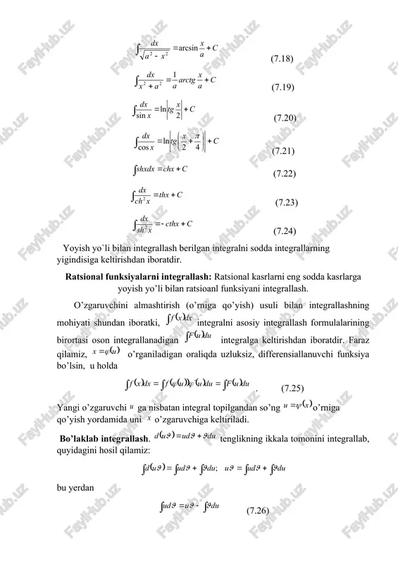 o’lsa, quyidagi bo’laklab integrallash formulasi o’rinli bo’ladi: (8.12) aniq integral 18-mavzu. aniq integral va uning asosiy xossalari reja 1. aniq integralning ta’rifi va uning geometrik ma’nosi. 2 aniq integralning asosiy xossalari. 3. aniq integralni hisoblash. n’yuton-leybnits formulasi. 4. aniq integralning iqtisodiyotga tatbiqlari tayanch ibora va tushunchalar aniq integral, integral yig’indi, funksiyaning integrallanuvchanligi, aniq integralning asosiy xossalari, aniq integralning kattaligi, n’yuton-leybnts formulasi, aniq integralda o’zgaruvchini almashtirish, bo’laklab integrallash, ishlab chiqarishning mehnat unumdorligi, mahsulotlar (tovarlar) zahirasi, mahsulot ishlab chiqarish hajmi, daromad funktsiyasi, 1. aniq integralning ta’rifi va uning geometrik ma’nosi. yuqoridagi masalani umumiy holda qaraymiz. kesmada uzluksiz funktsiya berilgan bo’lsin. kesmani qismiy kesmalarga ajratamiz, har bir qismiy kesmada bittadan nuqtalar tanlaymiz. bu nuqtalarda funktsiya qiymatlarini hisoblab yig’indini tuzamiz? bu yig’indiga fugktsiya uchun kesmadagi integral yig’indi deyiladi. belgilash kiritamiz. ta’rif. integral yig’indining kesmaning qismiy kesmalarga bo’linish usuliga va ularda nuqtalarning tanlanishiga bog’liq bo’lmagan dagi chekli limiti mavjud bo’lsa, bu limitga funktsiyaning kesmadagi aniq …