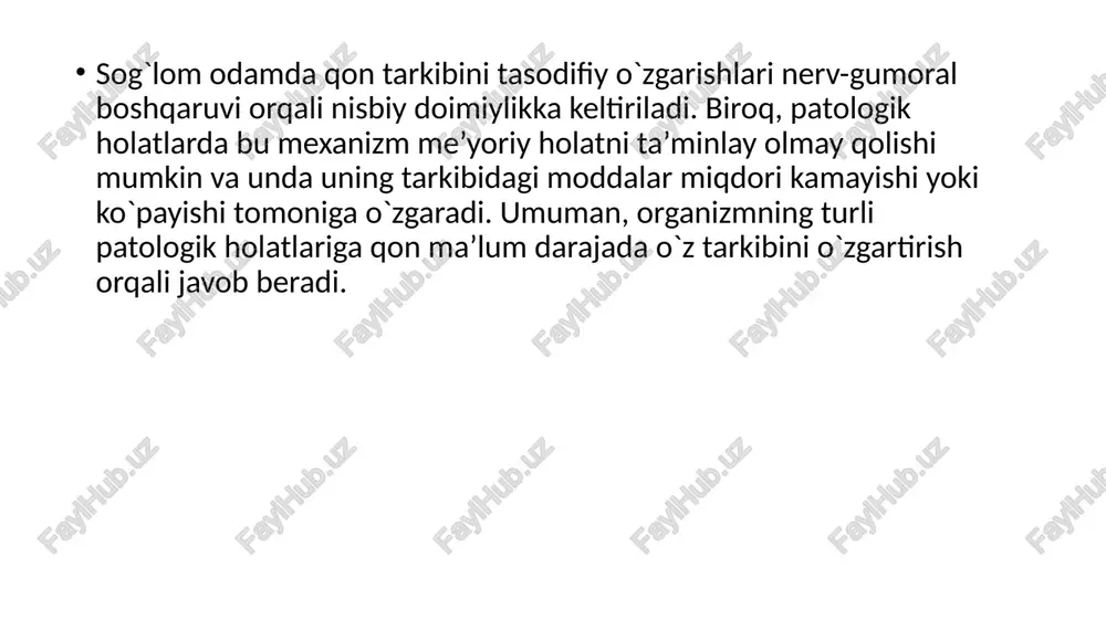 di. ushbu holat pentozofosfat yo`lining birinchi fermenti glyukozo-6- fosfatdegidrogenaza faolligini irsiy past bo`lishi tufaylidir. mazkur sifatdagi odamlarni oksidlovchi moddalar ta’siriga sezgirligi ko`proq. neytrofillar himoya vazifasini bajaradi. ular antimikrob xususiyatiga, shuningdek, halok bo`lgan mikroorganizmlarni, zararlangan to`qima bo`laklarini yutish va parchalash xossalariga ega. neytrofillar hujayralarda oqsil biosintezi amalga oshishida muhitning o`zgaruvchan sharoitiga moslasha oladilar. hujayra funktsiyalarini energetic ta’minoti - glikoliz miqdori oksidlanishli fosforlanish yo`li bilan amalga oshadi. hujayralar tomonidan yutilgan glyukoza pentozofosfatli siklda parchalanadi va glikogen sintezida ishtirok etadi. neytrofillarni antimikrob xususiyati ular tarkibida h202 hosil qiluvchi (miyelinperoksidaza) va superoksidli radikal (nadfh – oksidaza) hisobiga amalga oshadi. h202 va superoksidli radikal kuchli oksidlovchi sifatida fagotsitoz jarayonida mikroblarni o`ldiradi. neytrofillarning boshqa yana bir xususiyati yutilgan moddani parchalab yuboradigan, ulardagi ko`p sonli gidrolitik fermentlar lizosomalar – mavjudligi. bundan tashqari neytrofillar mikrob hujayralarini eritadigan lizotsim moddasiga ham ega. bazofillar faol ravishda allergiya vaqtida suyak iligi - ko`mikda hosil bo`ladi. ular allergik reaktsiyalarda, qonning ivish jarayonida …