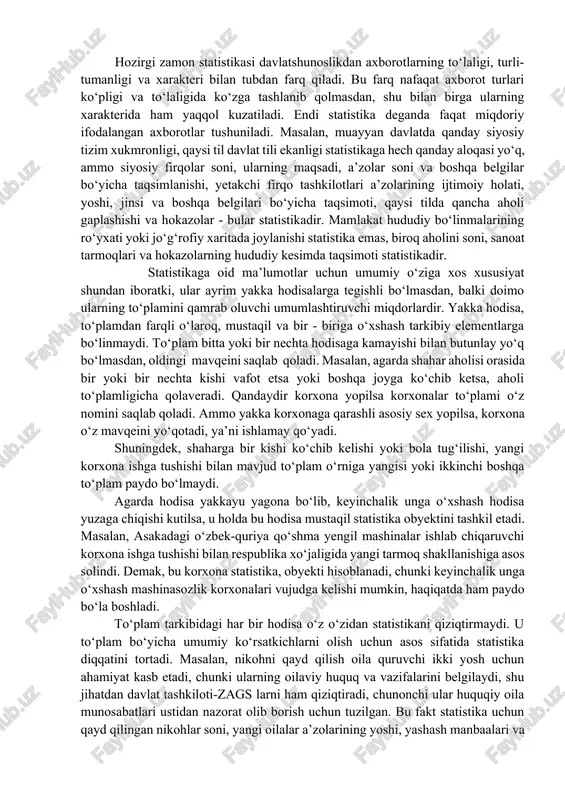 da. shunday qilib, statistika yuzaki qarashda oddiy so‘z bo‘lsa ham, lekin ko‘p qirrali mazmunga ega. statistika lotincha “status” - ahvol, holat so‘zi bilan italyancha “state” - davlat so‘zidan kelib chiqib, davlat ahvoli haqidagi fan. etimologiya, ya’ni so‘zlarni kelib chiqishi jihatidan bu atama bevosita qandaydir bitta klassik - grekcha yoki lotincha ildizga ega emas. u lotincha “status”, ya’ni ahvol, holat degan so‘zning italyancha “state” - davlat degan so‘z qiyofasini olishidan kelib chiqadi. statistika so‘zi kundalik hayotga va ilm-fanga xviii asrda kirib keldi. dastlab, savdo va moliya kapitali hamda pul munosabatlari taraqqiyoti natijasida vujudga kelgan ehtiyojni qondirish maqsadida to‘plangan mamlakat aholisi, iqtisodiy va siyosiy ahvoli haqidagi ma’lumotlar statistik axborotlar deb yuritiladi. dastlab davlatshunoslik fani statistika deb ataldi. biroz keyinroq davlatning diqqatga sazovor tomonlarini tasvirlaydigan davlatshunoslik fani paydo bo‘lib, u statistika nomi bilan, uni yaxshi egallagan bilimdon esa statistik deb atala boshlandi. bu fanning ko‘zga ko‘rinarli namoyondasi nemis g. axenval (1719-1772yy) birinchi bo‘lib …