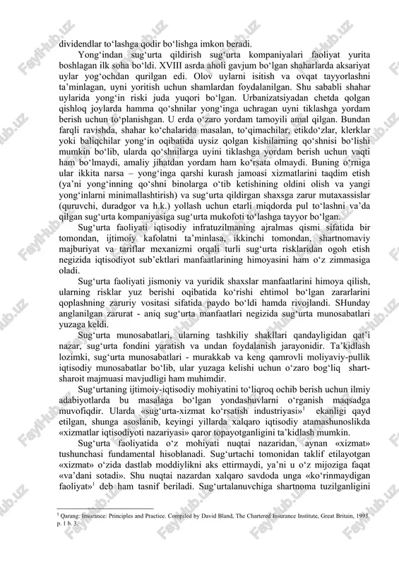 ity) to‘lash evaziga pul mukofotlari (premium) to‘play boshladi. bu sug‘urta qiluvchilar risk holati ro‘y berganda sug‘urta qildiruvchilarga to‘lovlar uchun foydalanishni va’da qilgan umumiy fond tashkil qilgan. bu jarayonning ilk bosqichlarida, agarda risk ro‘y beradigan bo‘lsa, sug‘urta qiluvchi u sug‘urta qildiruvchiga to‘lashi lozim bo‘lgan to‘lovni amalga oshirish uchun bironta mulkni sotishga (yoki bankdagi hisobraqamidan pul olishga) majbur bo‘lgan. bu tamoyil hozirgacha xuddi shu to‘lov va’dasi shartnomaning asosini tashkil qiladigan lloyd korporatsiyasi tomonidan qo‘llanib kelmoqda. «lloyd a’zolari» maqomiga ega bo‘lgan kishilar «imzolangan» (underwritten) risk ro‘y bergan holatda o‘zining shaxsiy mablag‘laridan pul to‘lashga majbur bo‘ladi. «imzolash» (ingl. to underwrite) atamasi qanday yangraydigan bo‘lsa, aynan shuni anglatadi: riskni (sug‘urta predmeti, sug‘urta qilingan muddat va shartlar) belgilab beradigan hujjat tuziladi va uni sug‘urta qiladigan shaxs (yoki uning vakili) qog‘ozning pastki qismiga u to‘lashga tayyor bo‘lgan risk ulushini yozadi. ayrim ishbilarmonlarning ko‘plab jamiyat a’zolari lloyd korporatsiyasida qabul qilingani kabi individual asosda katta risklarni qabul qilish istagida …