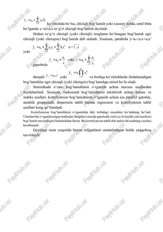 padi. undan past qismda ikkinchi, o‘ng qismda esa uchinchi kataklar o‘rnashadi. ikkinchi katak x ning katta qiymatlariga mos keladigan y ning nisbatan kichik qiymatlari va ularning juftlari uchun takrorlanish sonlarini o‘z ichiga oladi. uchinchi katak esa, aksincha, x ning nisbatan kichik qiymatlariga mos keladigan y ning katta qiymatlari va ularni juftlikda takrorlanish sonlarini qamrab oladi. va nihoyat, to‘rtinchi katak birinchi katakning qarama-qarshi holati bo‘lib, u x va y larning o‘zaro mos keladigan katta qiymatlari va ularni takrorlanishi sonlaridan tuziladi. haqiqiy kuzatilgan x va y taqsimotlarining mazkur kataklarda joylashishiga qarab, ular orasida bog‘lanish bor yoki yo‘qligi, mavjud bo‘lsa uning xarakteri haqida boshlang‘ich umumiy fikr yuritish mumkin. masalan, haqiqiy taqsimot takrorlanish sonlari barcha kataklar bo‘yicha betartib sochilib yotsa, x va y belgilar orasida bog‘lanish yo‘qligidan darak beradi. boshqa hollarda ularning kataklar bo‘yicha joylanishi ma’lum tartibdagi oqimlar yo‘nalishiga ega bo‘lsa, demak, x va y belgilar orasida bog‘lanish borligi haqida taxmin qilish o‘rinli bo‘ladi. …